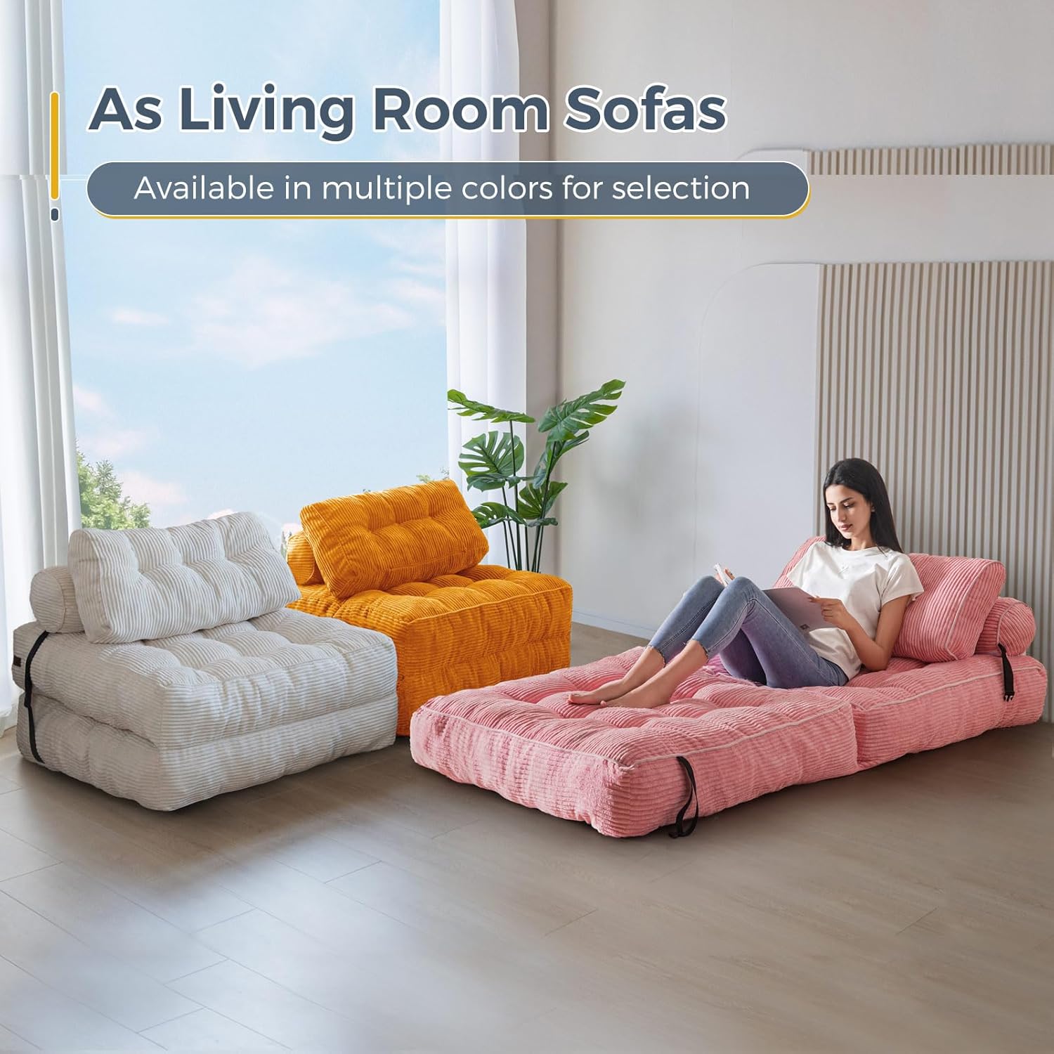 MAXYOYO Folding Sofa Bed, Convertible Sleeper Chair with Pillow Foldable Mattress with Back Support, Portable Fold Out Chair Bed Comfy Floor Sofa Lounge for Living Room Bedroom, Beige, Single