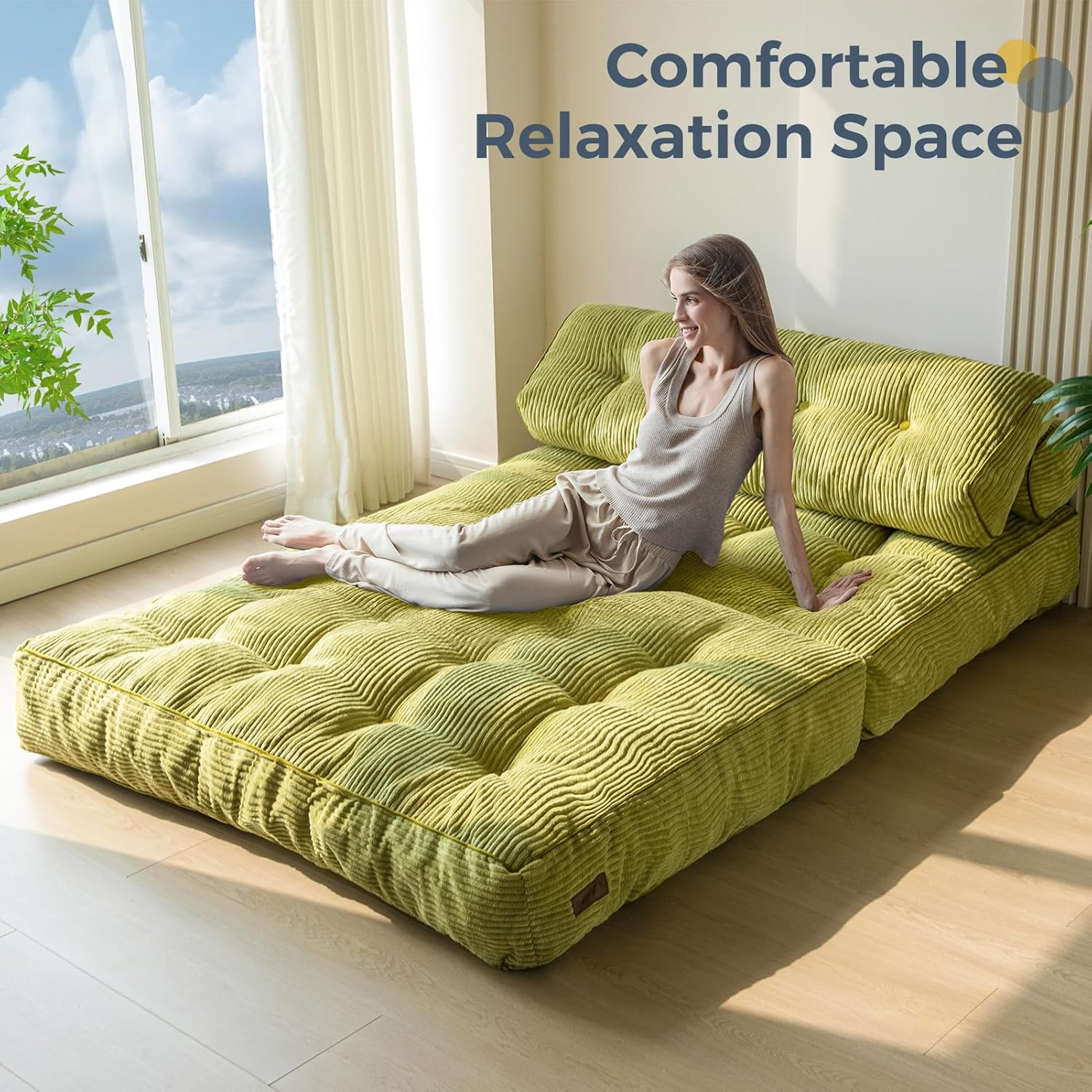 MAXYOYO Folding Sofa Bed, Convertible Sleeper Chair with Pillow Foldable Mattress with Back Support, Portable Fold Out Chair Bed Comfy Floor Sofa Lounge for Living Room Bedroom, Beige, Single