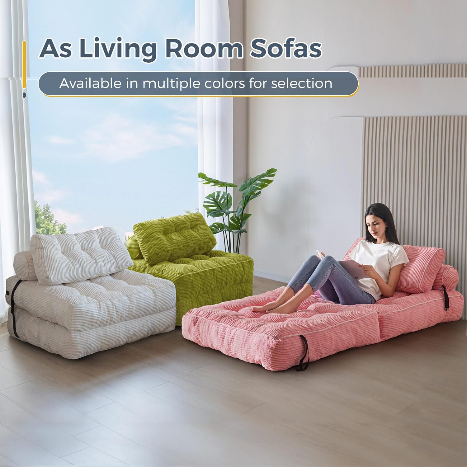 MAXYOYO Folding Sofa Bed, Convertible Sleeper Chair with Pillow Foldable Mattress with Back Support, Portable Fold Out Chair Bed Comfy Floor Sofa Lounge for Living Room Bedroom, Beige, Single