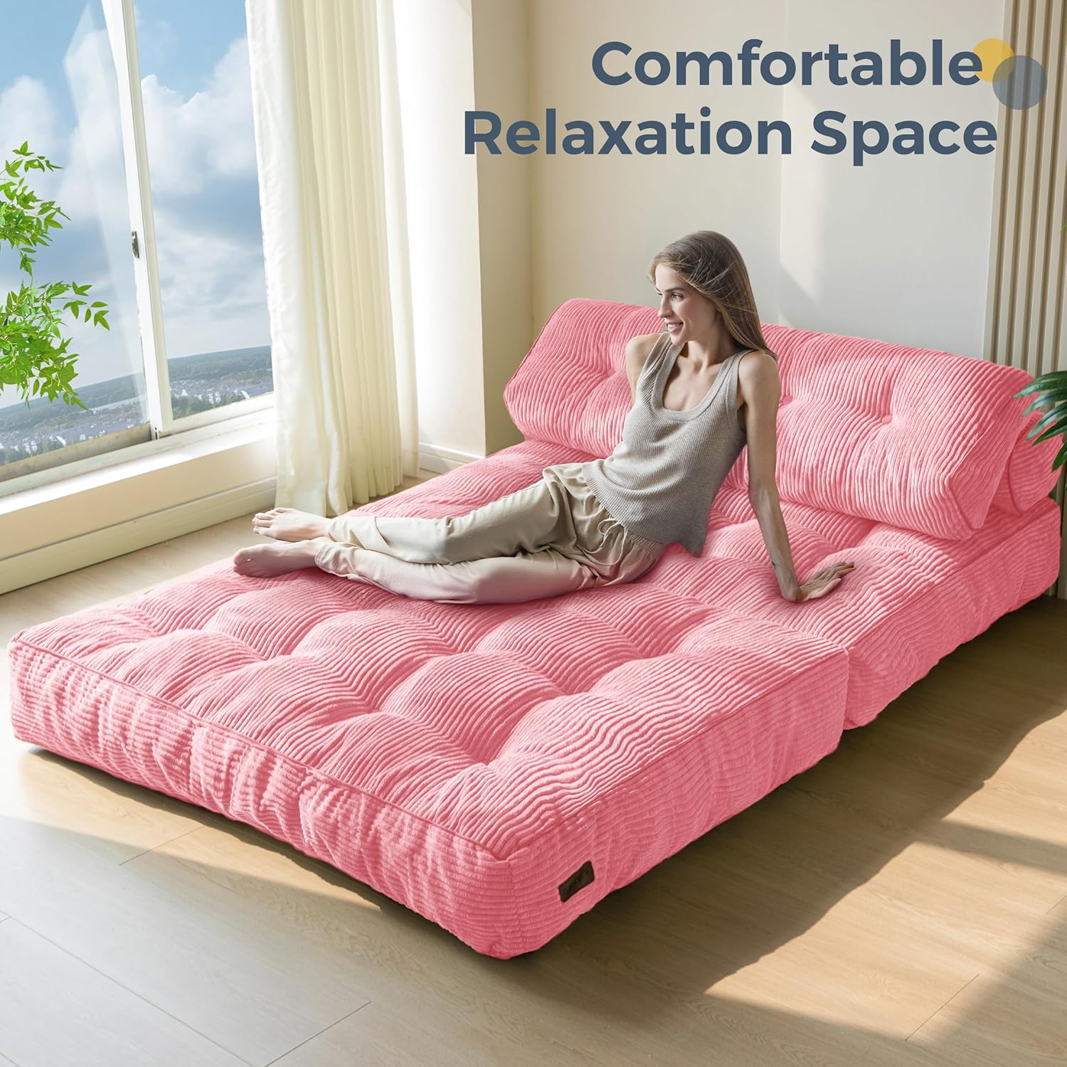 MAXYOYO Folding Sofa Bed, Convertible Sleeper Chair with Pillow Foldable Mattress with Back Support, Portable Fold Out Chair Bed Comfy Floor Sofa Lounge for Living Room Bedroom, Beige, Single