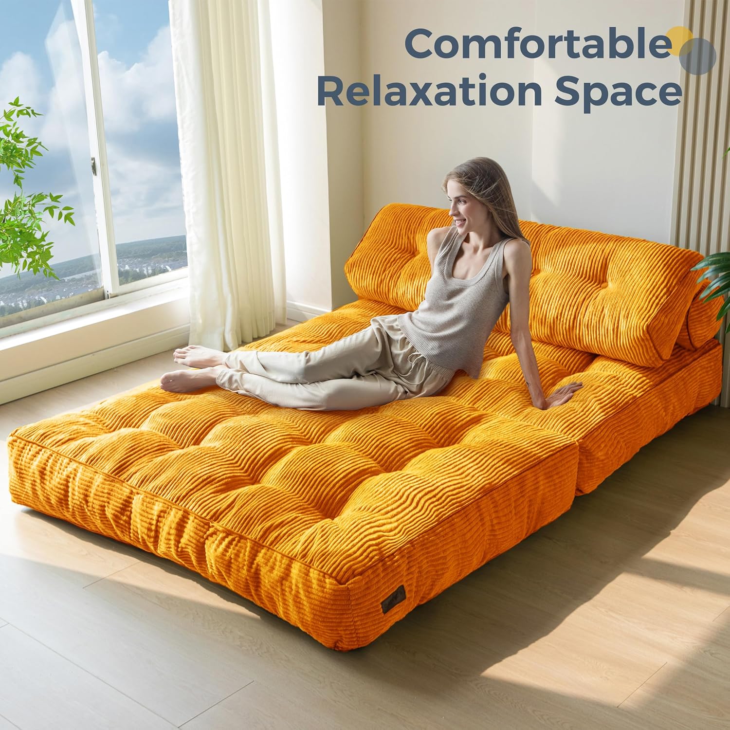 MAXYOYO Folding Sofa Bed, Convertible Sleeper Chair with Pillow Foldable Mattress with Back Support, Portable Fold Out Chair Bed Comfy Floor Sofa Lounge for Living Room Bedroom, Beige, Single