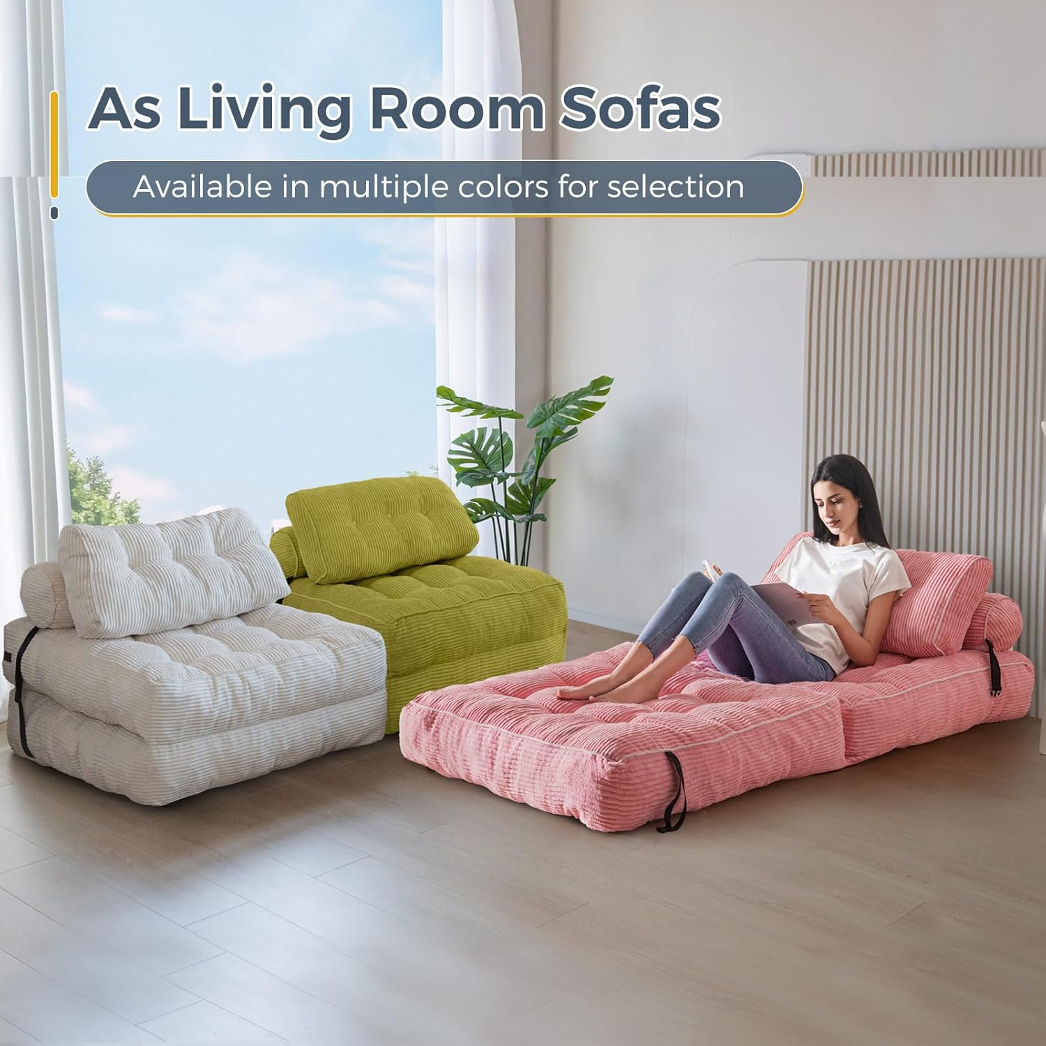 MAXYOYO Folding Sofa Bed, Convertible Sleeper Chair with Pillow Foldable Mattress with Back Support, Portable Fold Out Chair Bed Comfy Floor Sofa Lounge for Living Room Bedroom, Beige, Single