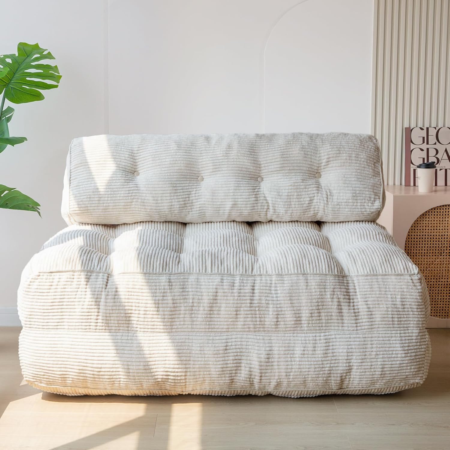 MAXYOYO Folding Sofa Bed, Convertible Sleeper Chair with Pillow Foldable Mattress with Back Support, Portable Fold Out Chair Bed Comfy Floor Sofa Lounge for Living Room Bedroom, Beige, Single