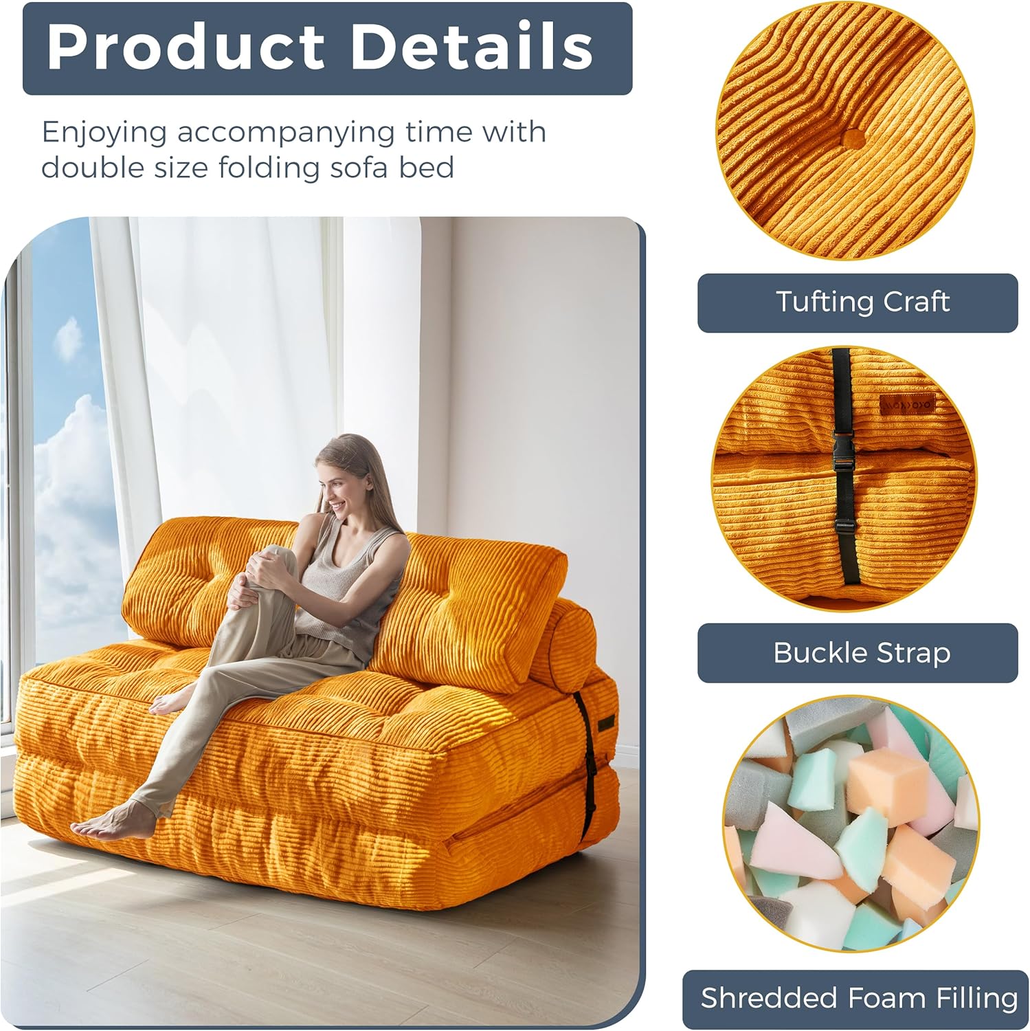 MAXYOYO Folding Sofa Bed, Convertible Sleeper Chair with Pillow Foldable Mattress with Back Support, Portable Fold Out Chair Bed Comfy Floor Sofa Lounge for Living Room Bedroom, Beige, Single