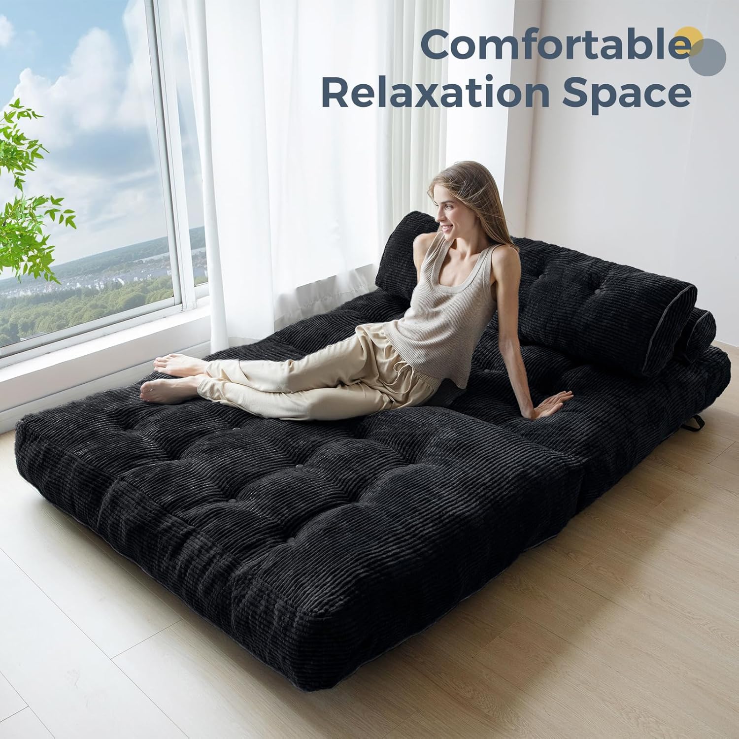 MAXYOYO Folding Sofa Bed, Convertible Sleeper Chair with Pillow Foldable Mattress with Back Support, Portable Fold Out Chair Bed Comfy Floor Sofa Lounge for Living Room Bedroom, Beige, Single