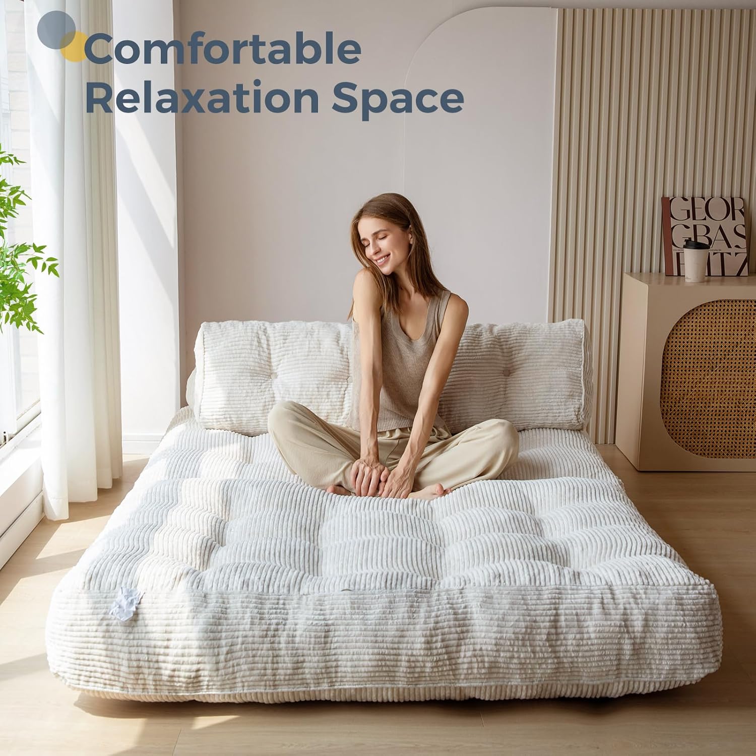 MAXYOYO Folding Sofa Bed, Convertible Sleeper Chair with Pillow Foldable Mattress with Back Support, Portable Fold Out Chair Bed Comfy Floor Sofa Lounge for Living Room Bedroom, Beige, Single