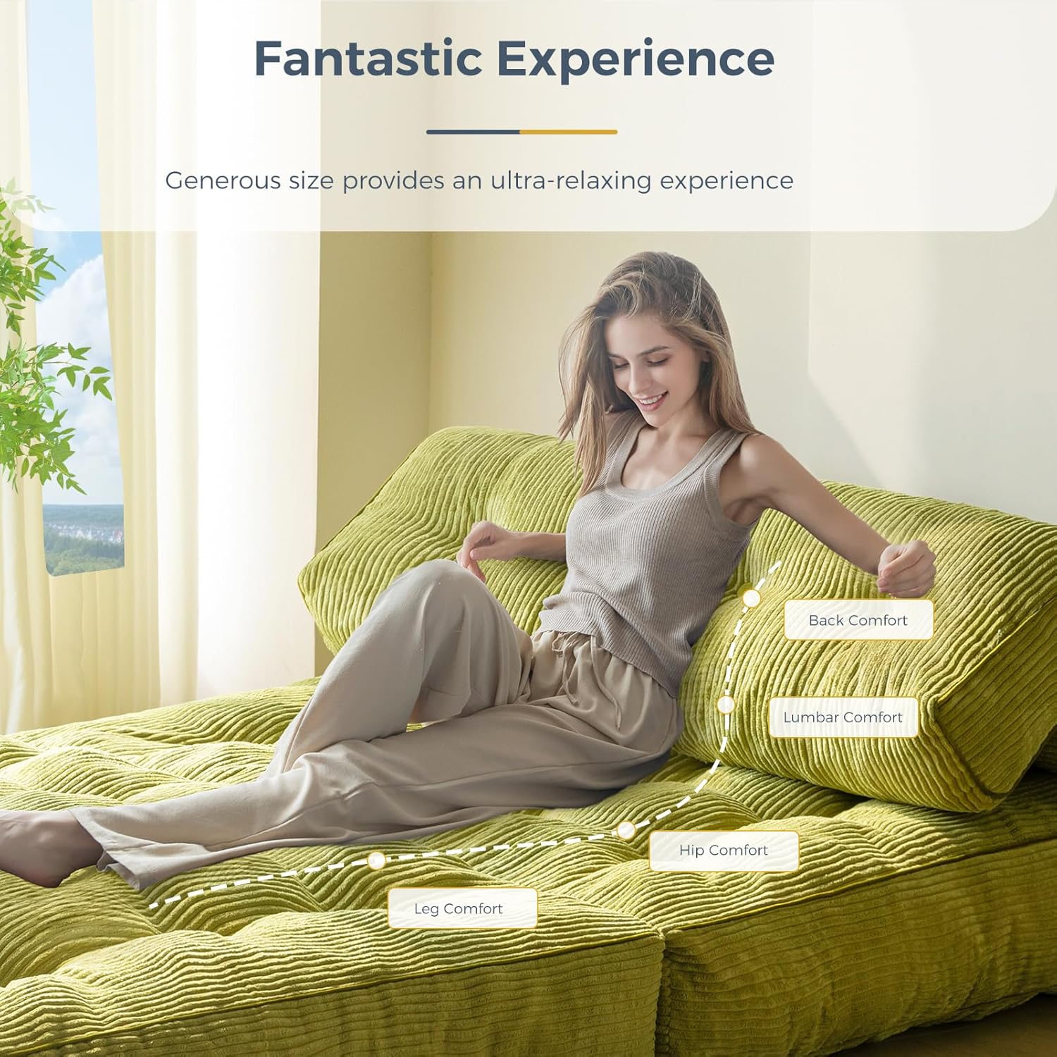 MAXYOYO Folding Sofa Bed, Convertible Sleeper Chair with Pillow Foldable Mattress with Back Support, Portable Fold Out Chair Bed Comfy Floor Sofa Lounge for Living Room Bedroom, Beige, Single