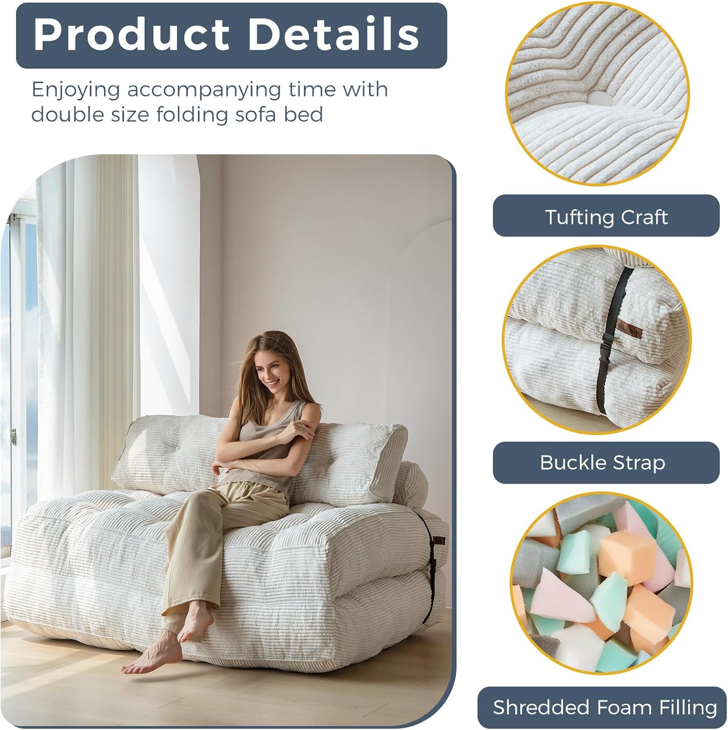 MAXYOYO Folding Sofa Bed, Convertible Sleeper Chair with Pillow Foldable Mattress with Back Support, Portable Fold Out Chair Bed Comfy Floor Sofa Lounge for Living Room Bedroom, Beige, Single