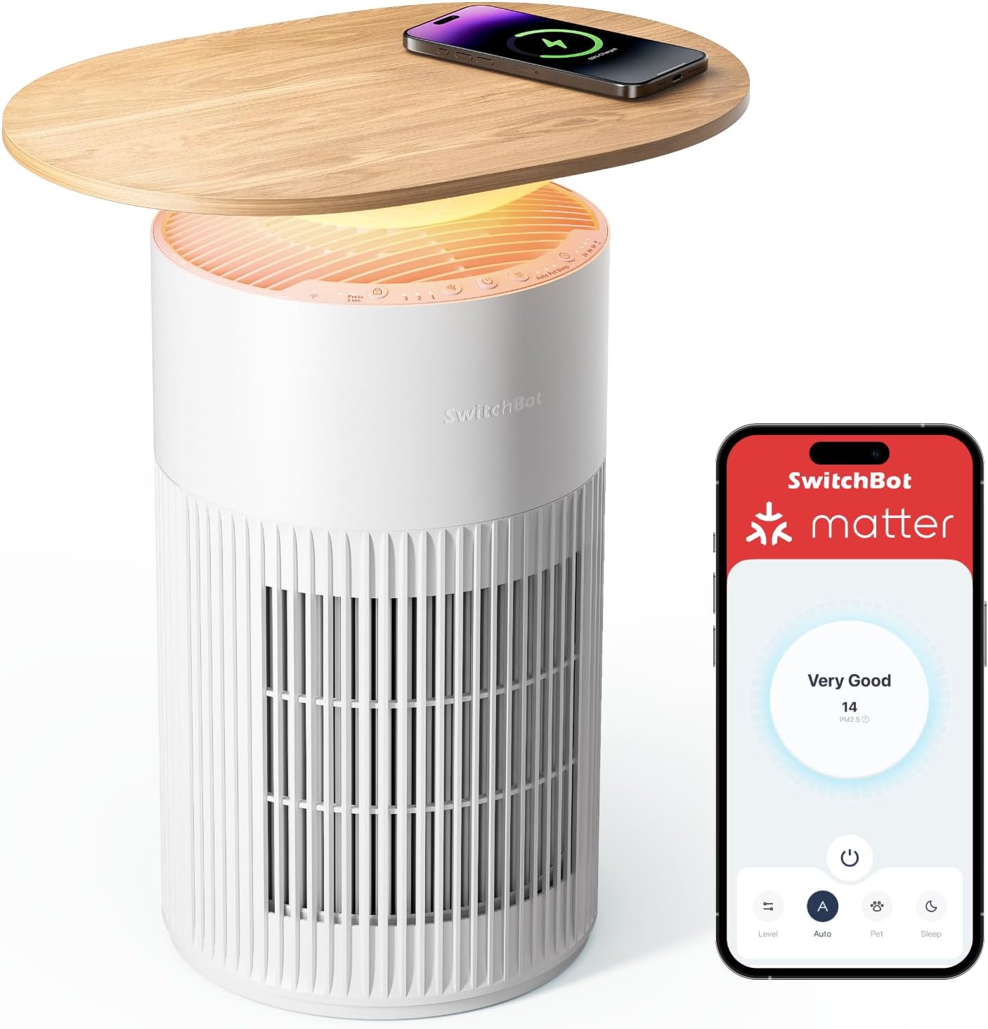 SwitchBot 4 in 1 Air Purifiers Table with Matter, Up to 3620 ft², H13 HEPA Pet Filter, Wireless Charging, Washable Pre-filter, 10 RGB Colors, Supports HomeKit, Alexa, Google Home, Home Assistant, etc
