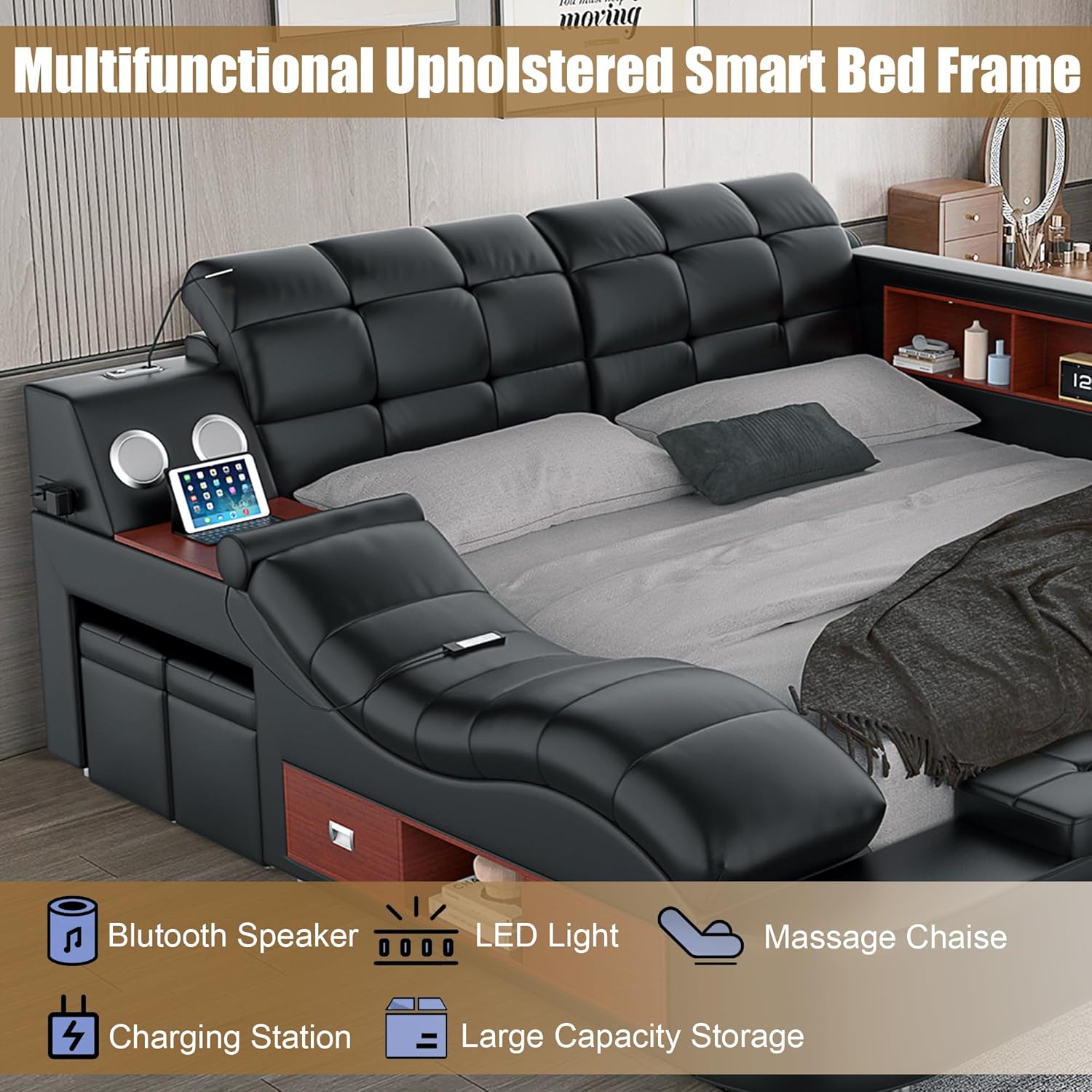 Smart Queen Bed Frame, Black Multifunctional Bed with Massage Recliner, Modern Luxury Bed Frame with Music Speaker, USB Charging Station, Adjustable Headboard, Bedroom Furniture
