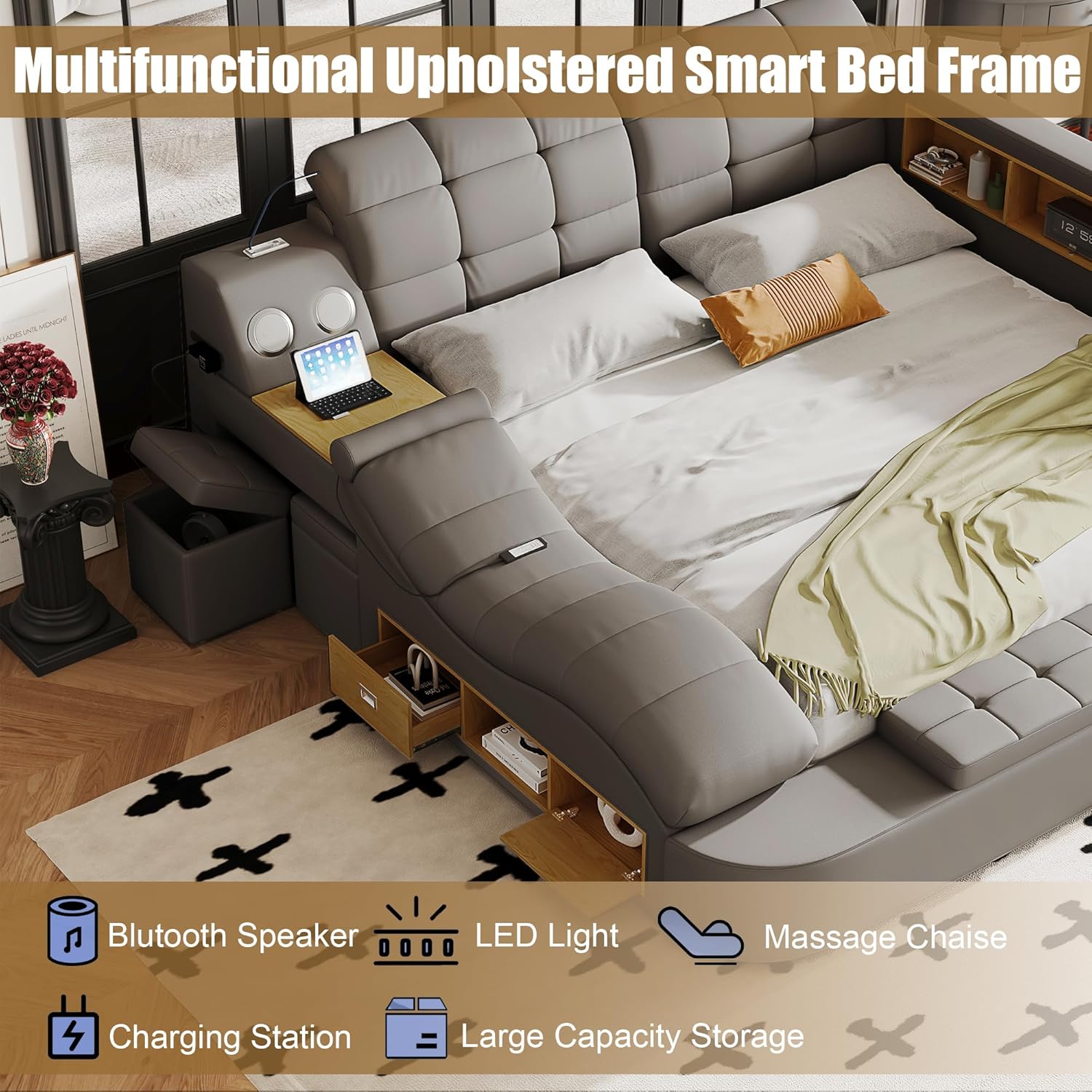 Smart Queen Bed Frame, Black Multifunctional Bed with Massage Recliner, Modern Luxury Bed Frame with Music Speaker, USB Charging Station, Adjustable Headboard, Bedroom Furniture