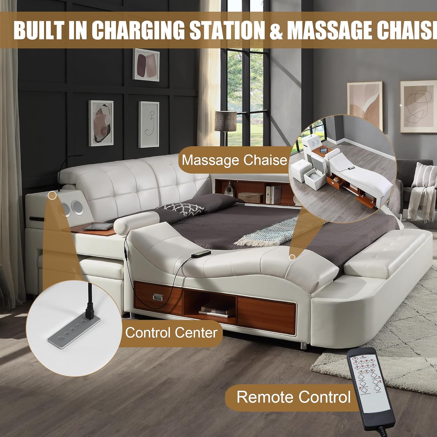 Smart Queen Bed Frame, Black Multifunctional Bed with Massage Recliner, Modern Luxury Bed Frame with Music Speaker, USB Charging Station, Adjustable Headboard, Bedroom Furniture