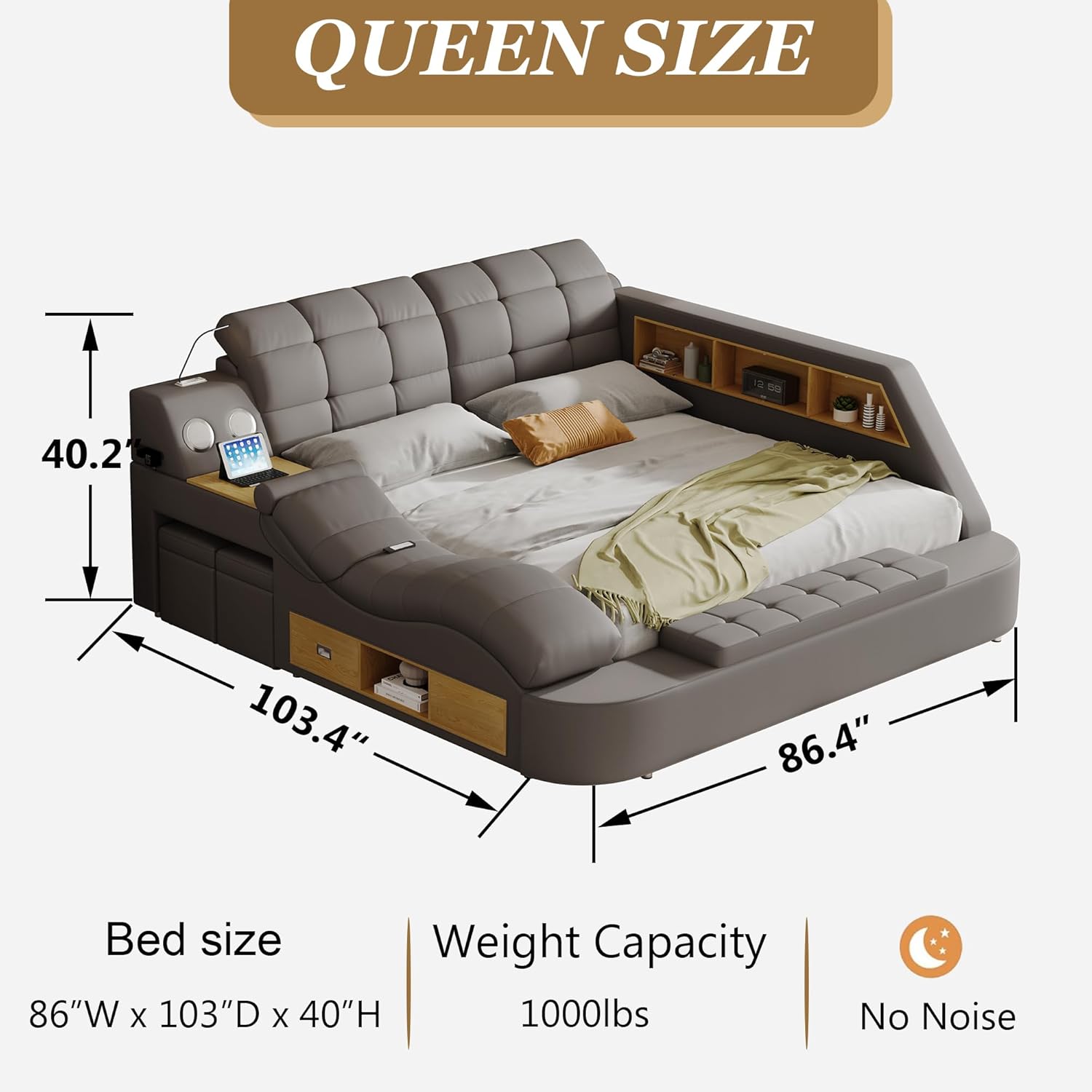 Smart Queen Bed Frame, Black Multifunctional Bed with Massage Recliner, Modern Luxury Bed Frame with Music Speaker, USB Charging Station, Adjustable Headboard, Bedroom Furniture