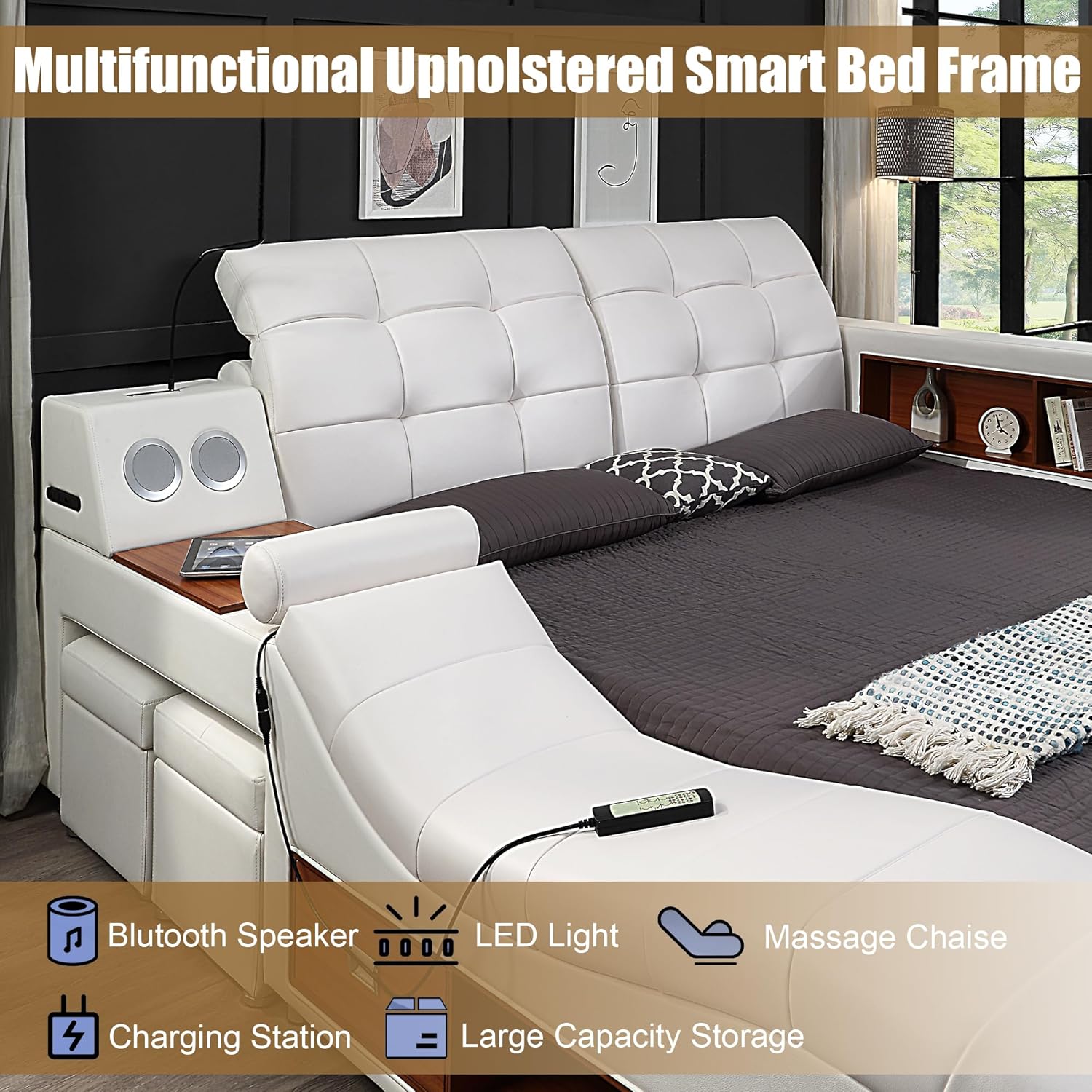 Smart Queen Bed Frame, Black Multifunctional Bed with Massage Recliner, Modern Luxury Bed Frame with Music Speaker, USB Charging Station, Adjustable Headboard, Bedroom Furniture