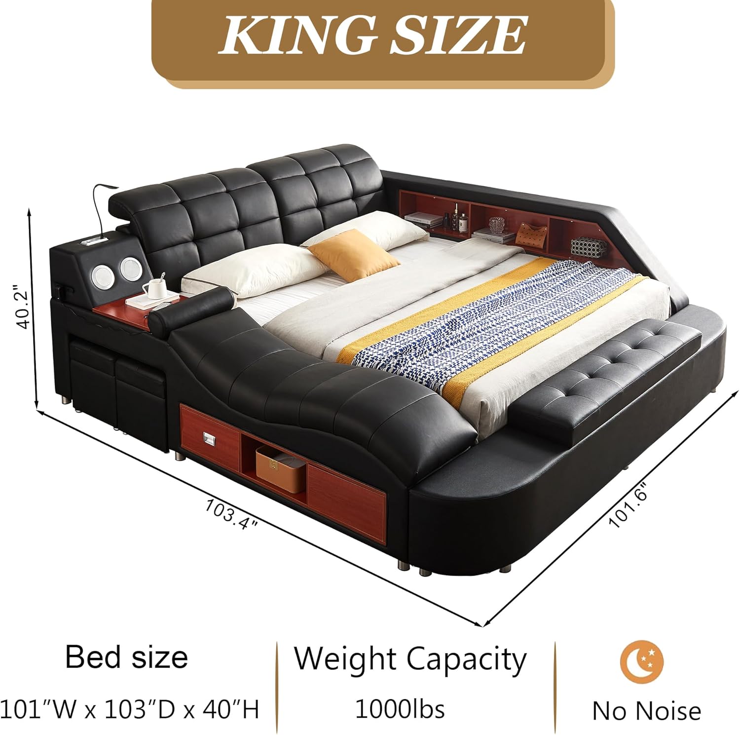 Smart Queen Bed Frame, Black Multifunctional Bed with Massage Recliner, Modern Luxury Bed Frame with Music Speaker, USB Charging Station, Adjustable Headboard, Bedroom Furniture