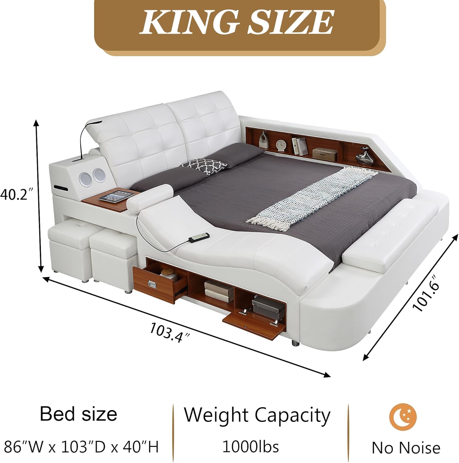 Smart Queen Bed Frame, Black Multifunctional Bed with Massage Recliner, Modern Luxury Bed Frame with Music Speaker, USB Charging Station, Adjustable Headboard, Bedroom Furniture