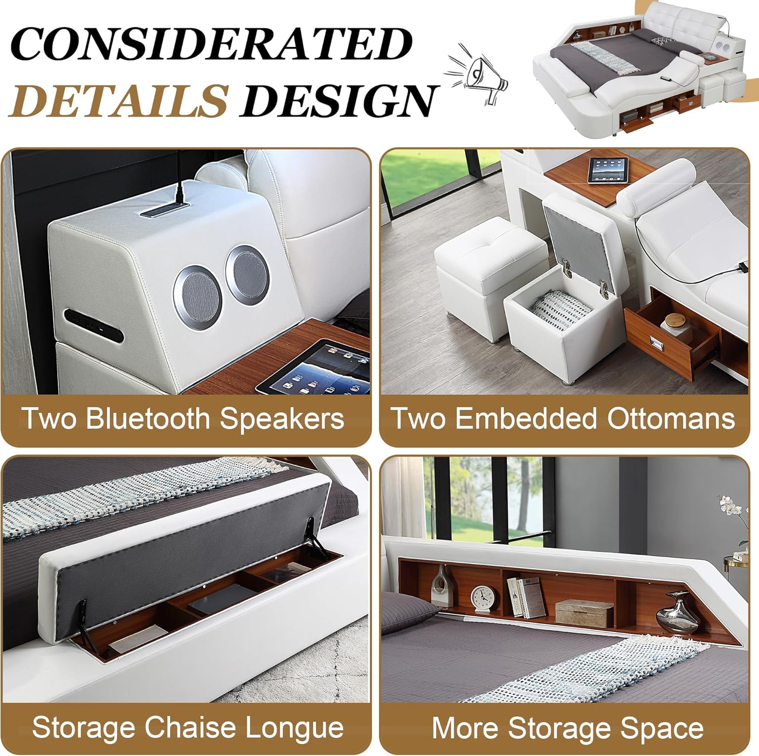 Smart Queen Bed Frame, Black Multifunctional Bed with Massage Recliner, Modern Luxury Bed Frame with Music Speaker, USB Charging Station, Adjustable Headboard, Bedroom Furniture