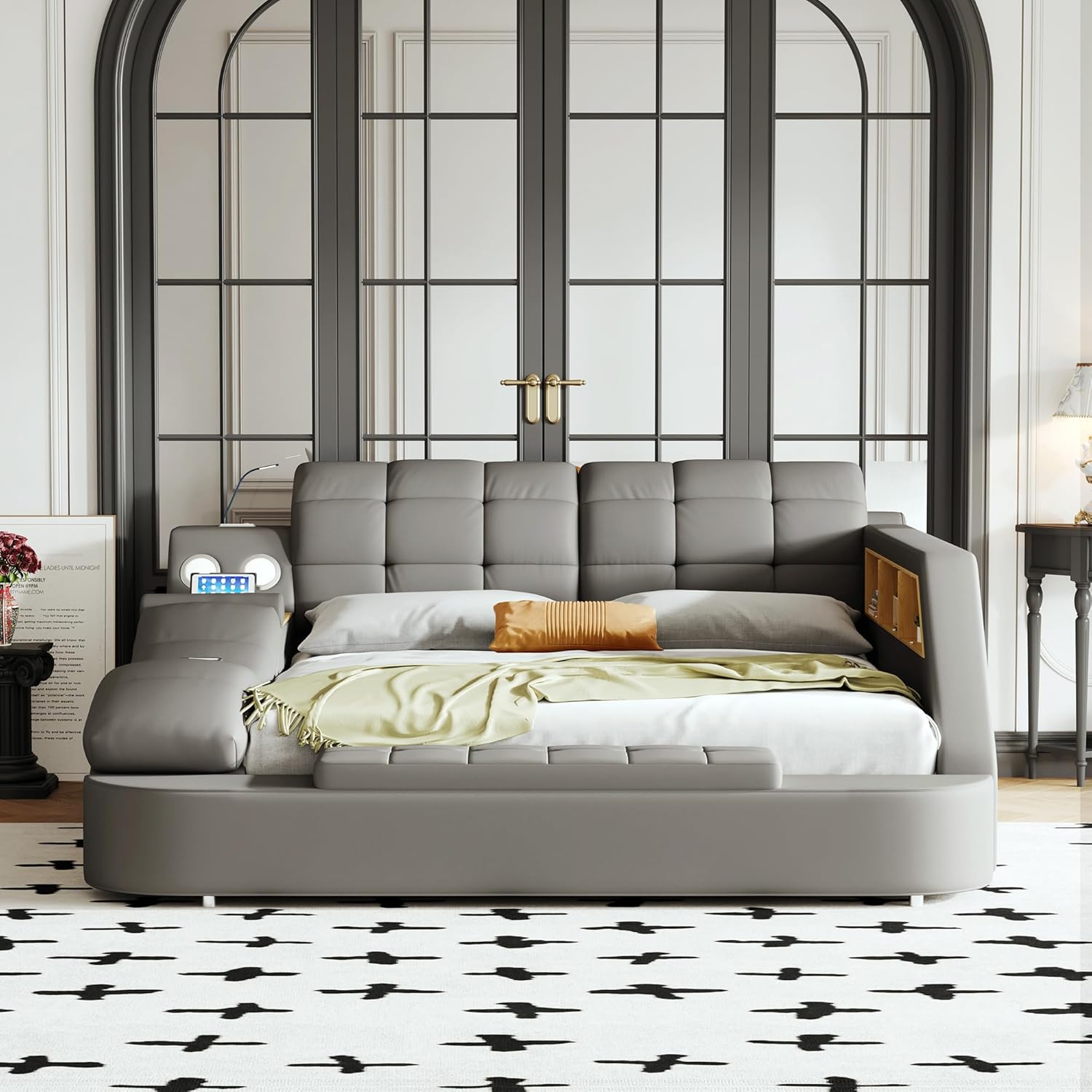 Smart Queen Bed Frame, Black Multifunctional Bed with Massage Recliner, Modern Luxury Bed Frame with Music Speaker, USB Charging Station, Adjustable Headboard, Bedroom Furniture