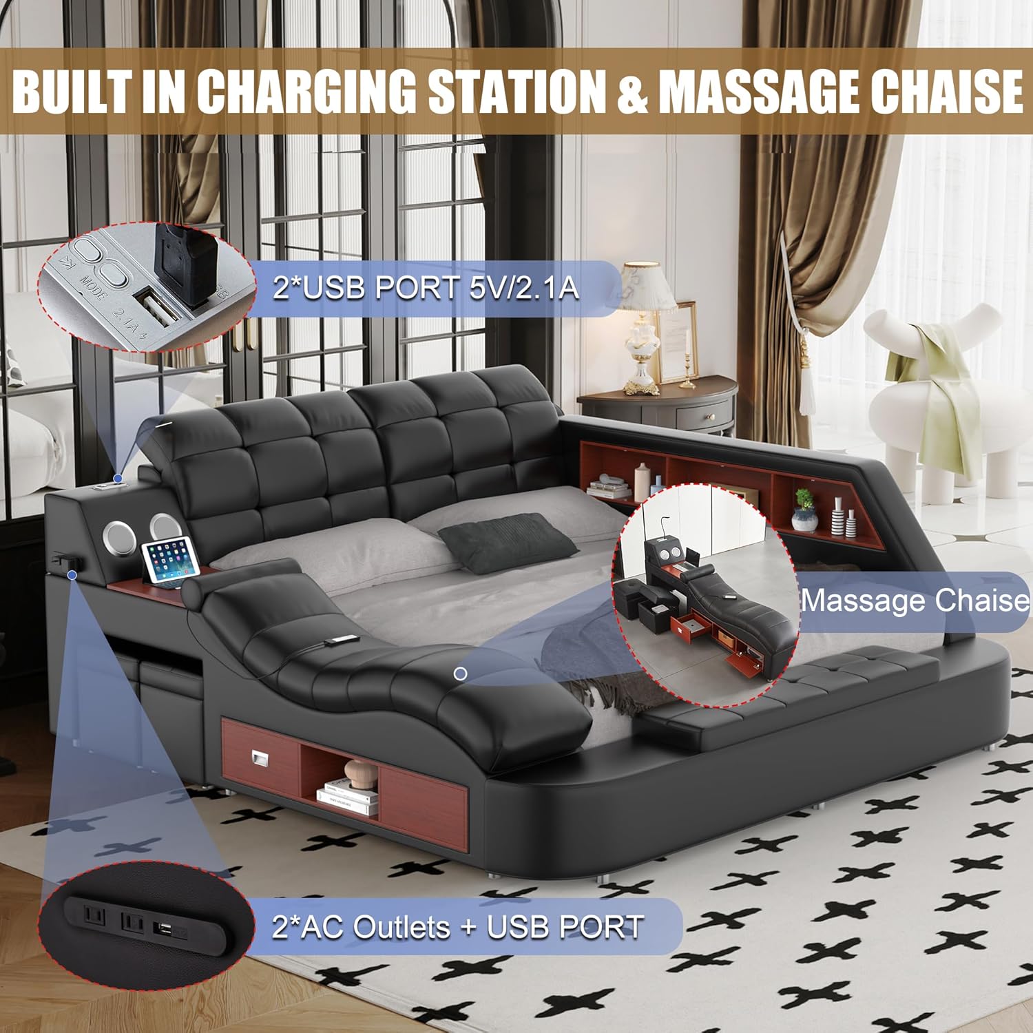 Smart Queen Bed Frame, Black Multifunctional Bed with Massage Recliner, Modern Luxury Bed Frame with Music Speaker, USB Charging Station, Adjustable Headboard, Bedroom Furniture