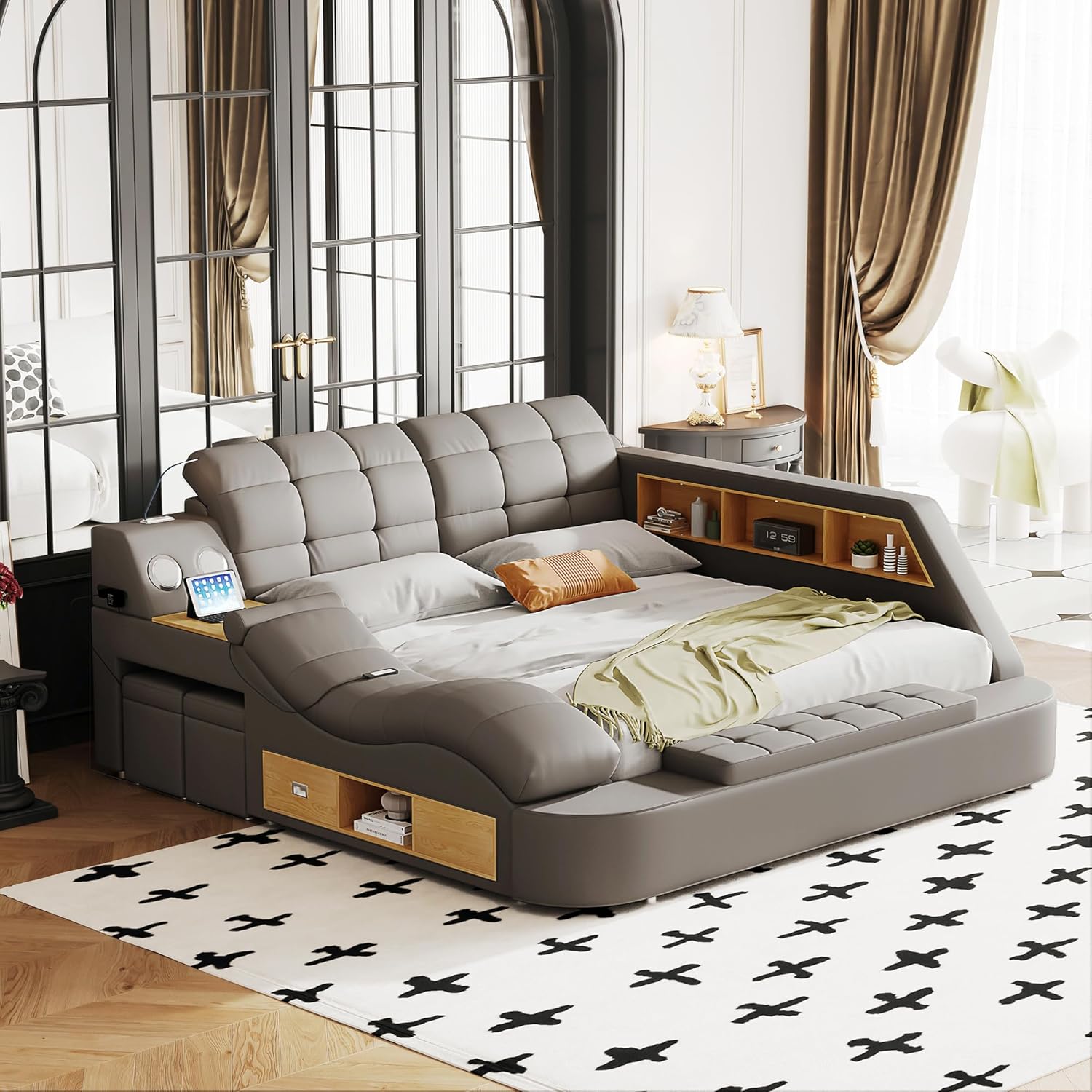 Smart Queen Bed Frame, Black Multifunctional Bed with Massage Recliner, Modern Luxury Bed Frame with Music Speaker, USB Charging Station, Adjustable Headboard, Bedroom Furniture