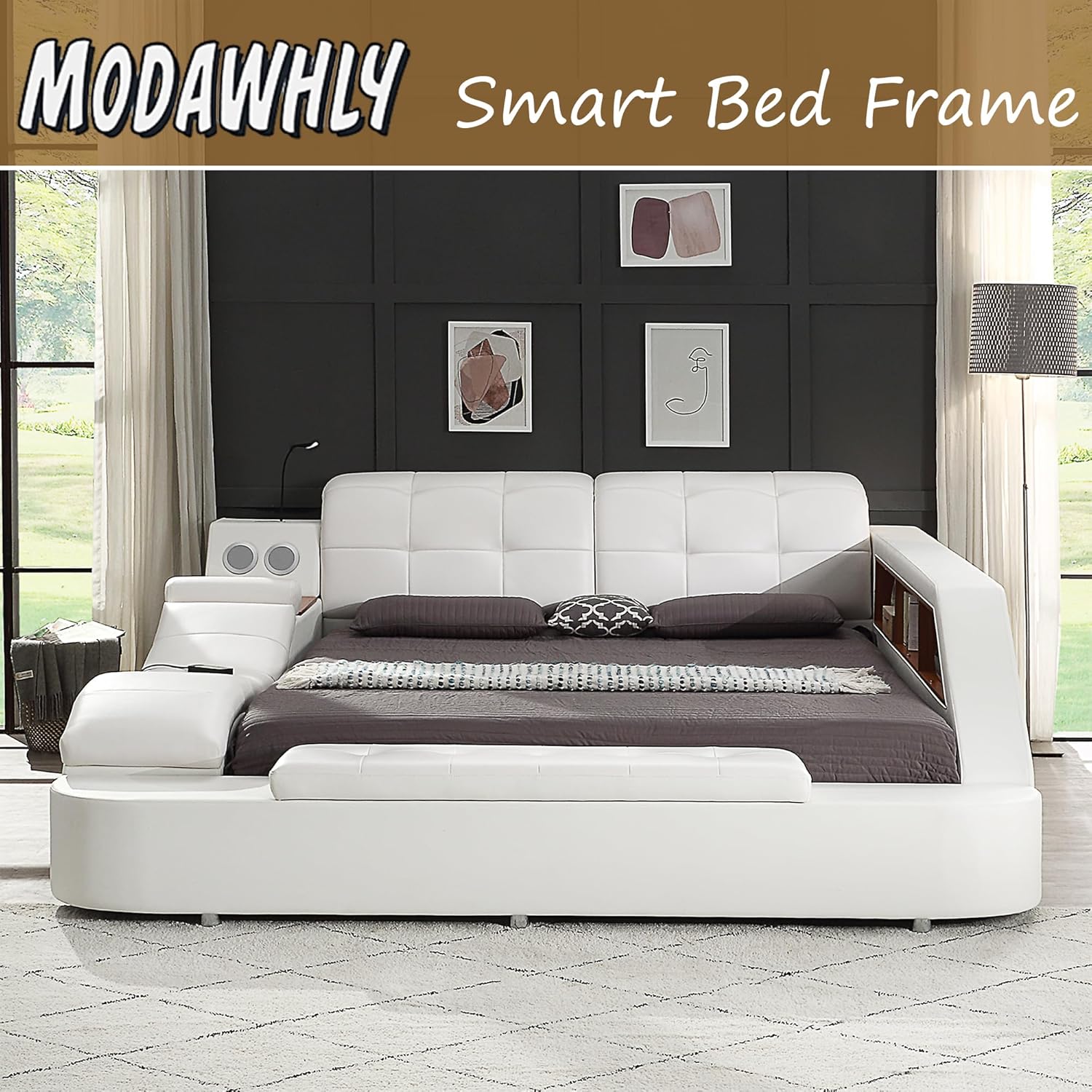 Smart Queen Bed Frame, Black Multifunctional Bed with Massage Recliner, Modern Luxury Bed Frame with Music Speaker, USB Charging Station, Adjustable Headboard, Bedroom Furniture