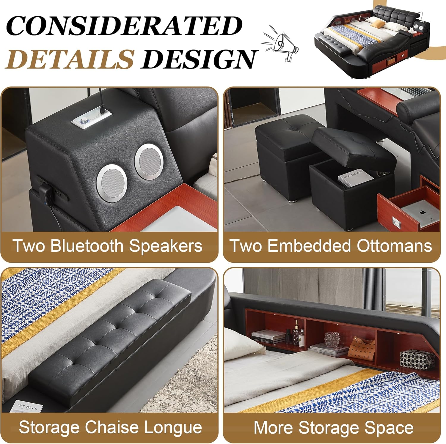 Smart Queen Bed Frame, Black Multifunctional Bed with Massage Recliner, Modern Luxury Bed Frame with Music Speaker, USB Charging Station, Adjustable Headboard, Bedroom Furniture