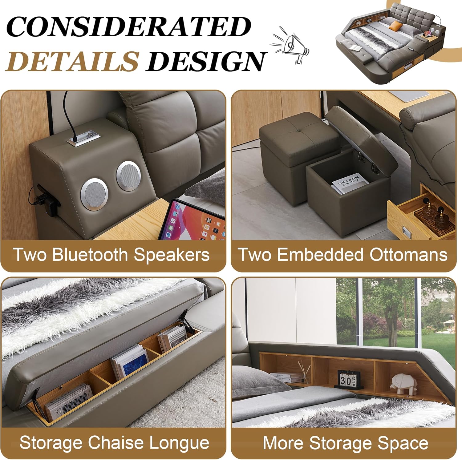 Smart Queen Bed Frame, Black Multifunctional Bed with Massage Recliner, Modern Luxury Bed Frame with Music Speaker, USB Charging Station, Adjustable Headboard, Bedroom Furniture