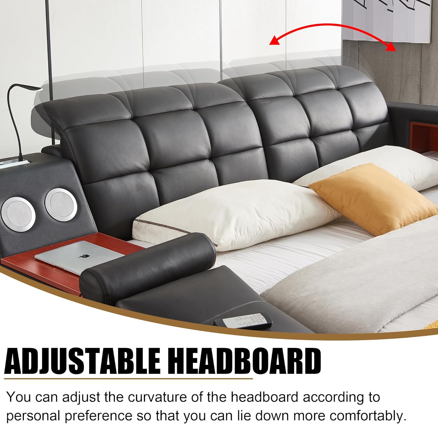 Smart Queen Bed Frame, Black Multifunctional Bed with Massage Recliner, Modern Luxury Bed Frame with Music Speaker, USB Charging Station, Adjustable Headboard, Bedroom Furniture