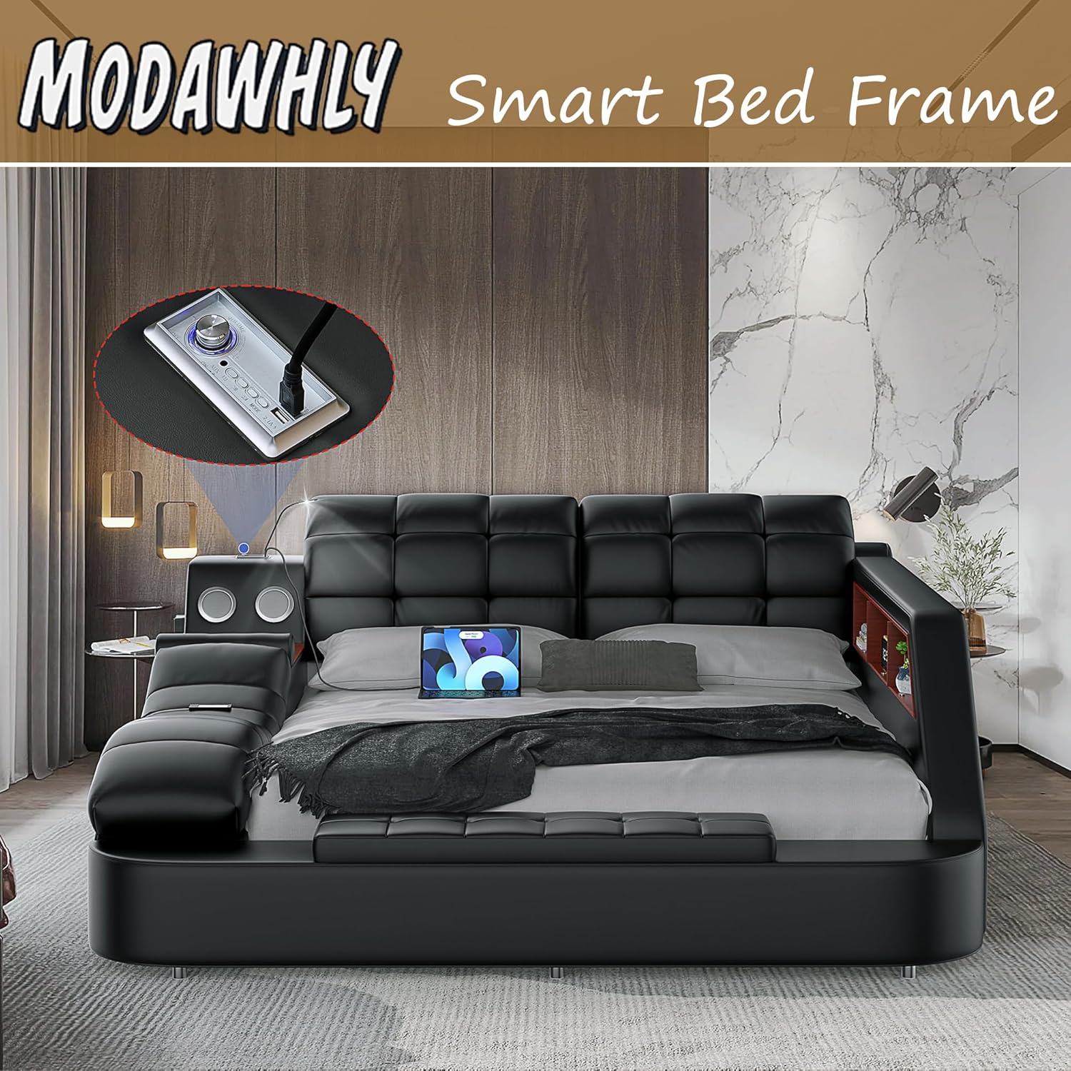 Smart Queen Bed Frame, Black Multifunctional Bed with Massage Recliner, Modern Luxury Bed Frame with Music Speaker, USB Charging Station, Adjustable Headboard, Bedroom Furniture