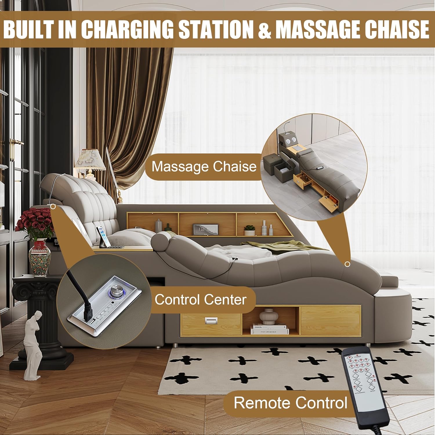 Smart Queen Bed Frame, Black Multifunctional Bed with Massage Recliner, Modern Luxury Bed Frame with Music Speaker, USB Charging Station, Adjustable Headboard, Bedroom Furniture