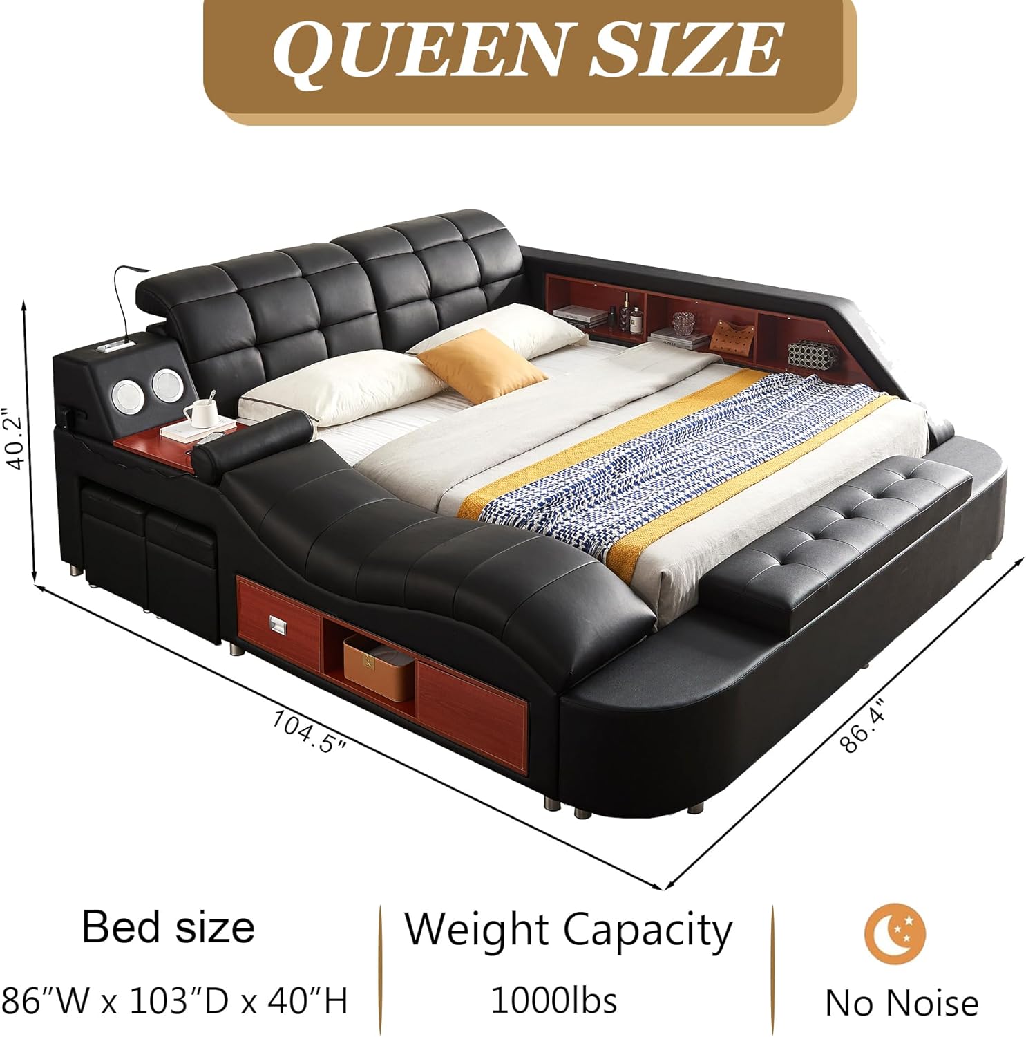 Smart Queen Bed Frame, Black Multifunctional Bed with Massage Recliner, Modern Luxury Bed Frame with Music Speaker, USB Charging Station, Adjustable Headboard, Bedroom Furniture