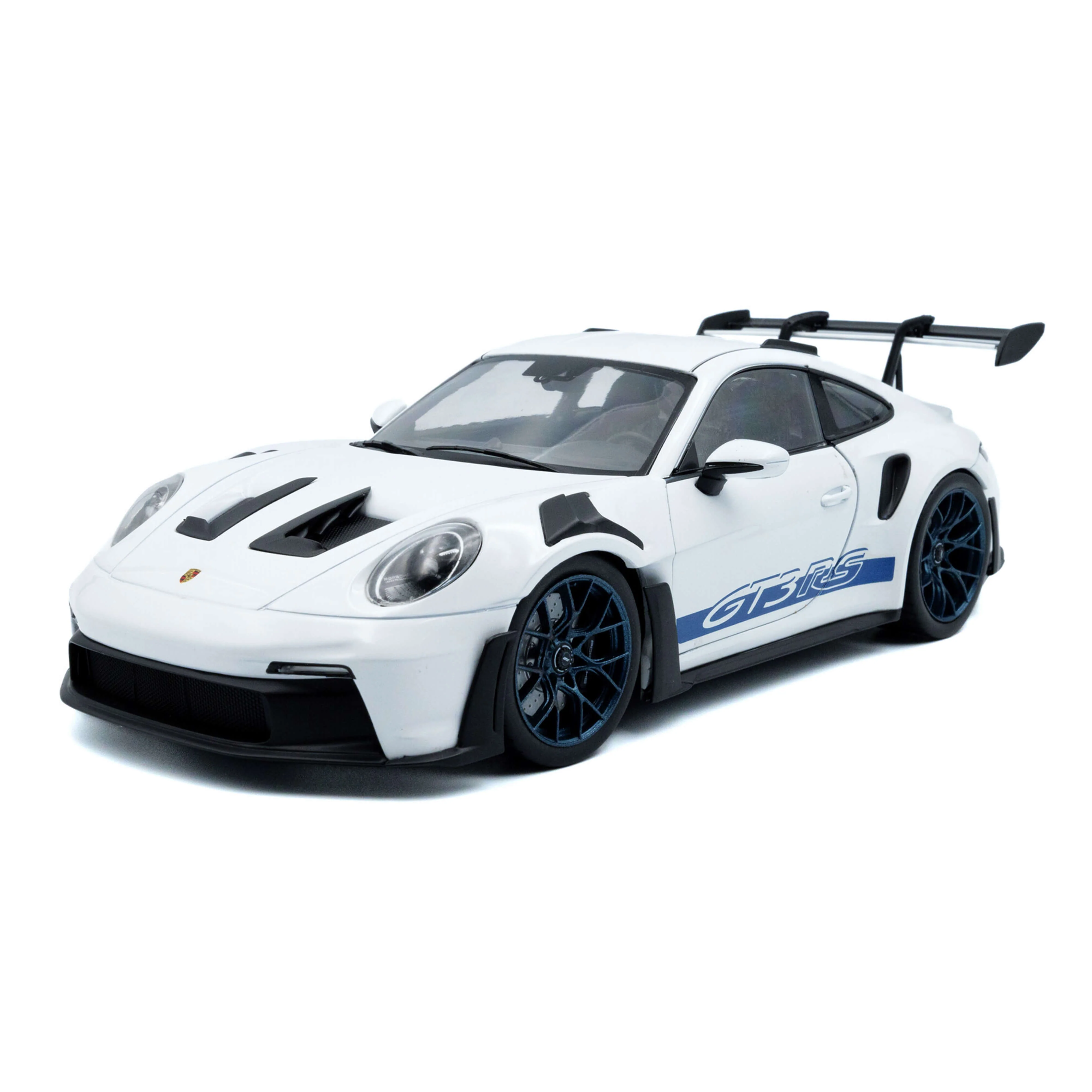Porsche 911 GT3RS 2024 blanche avec des bandes bleues 1/18