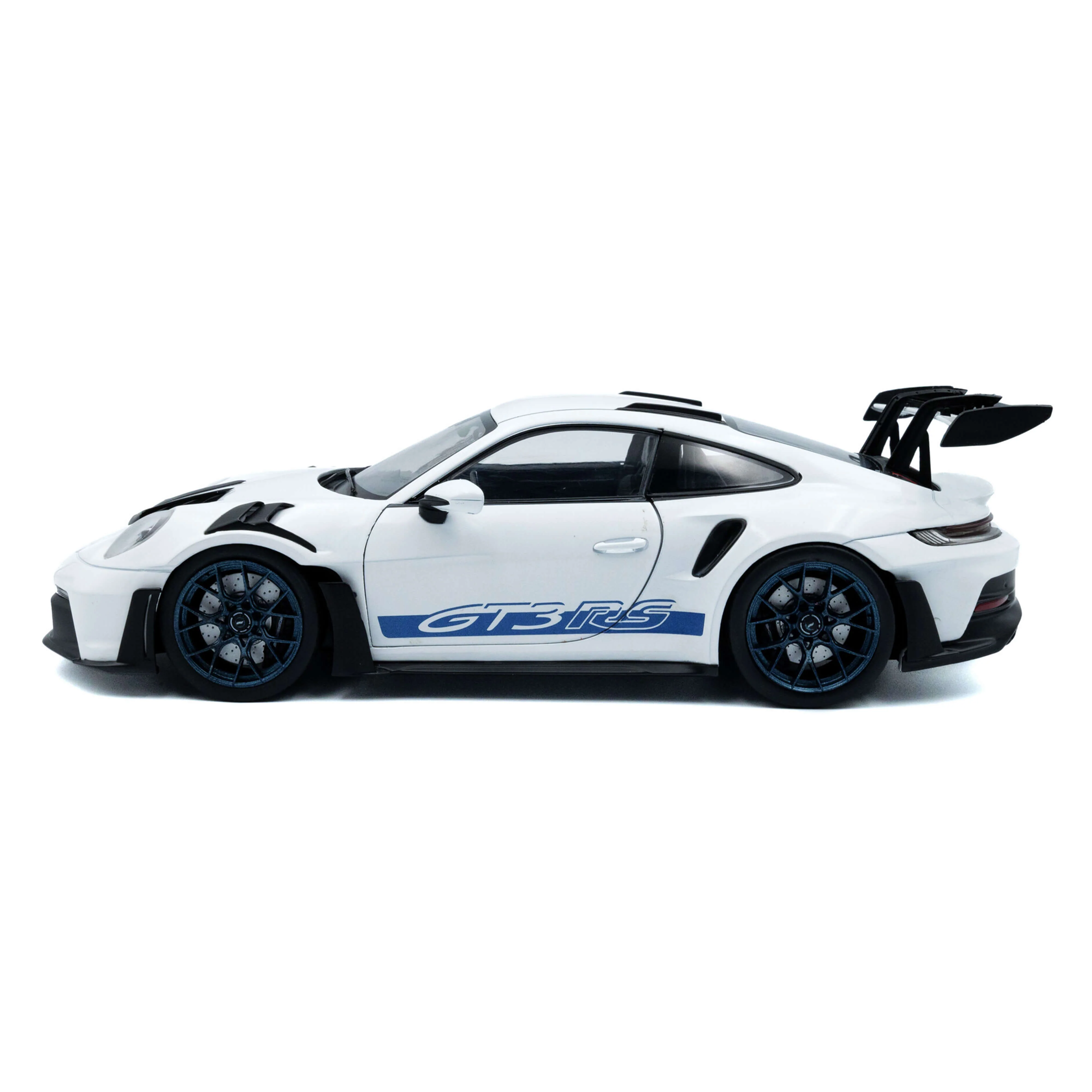 Porsche 911 GT3RS 2024 blanche avec des bandes bleues 1/18