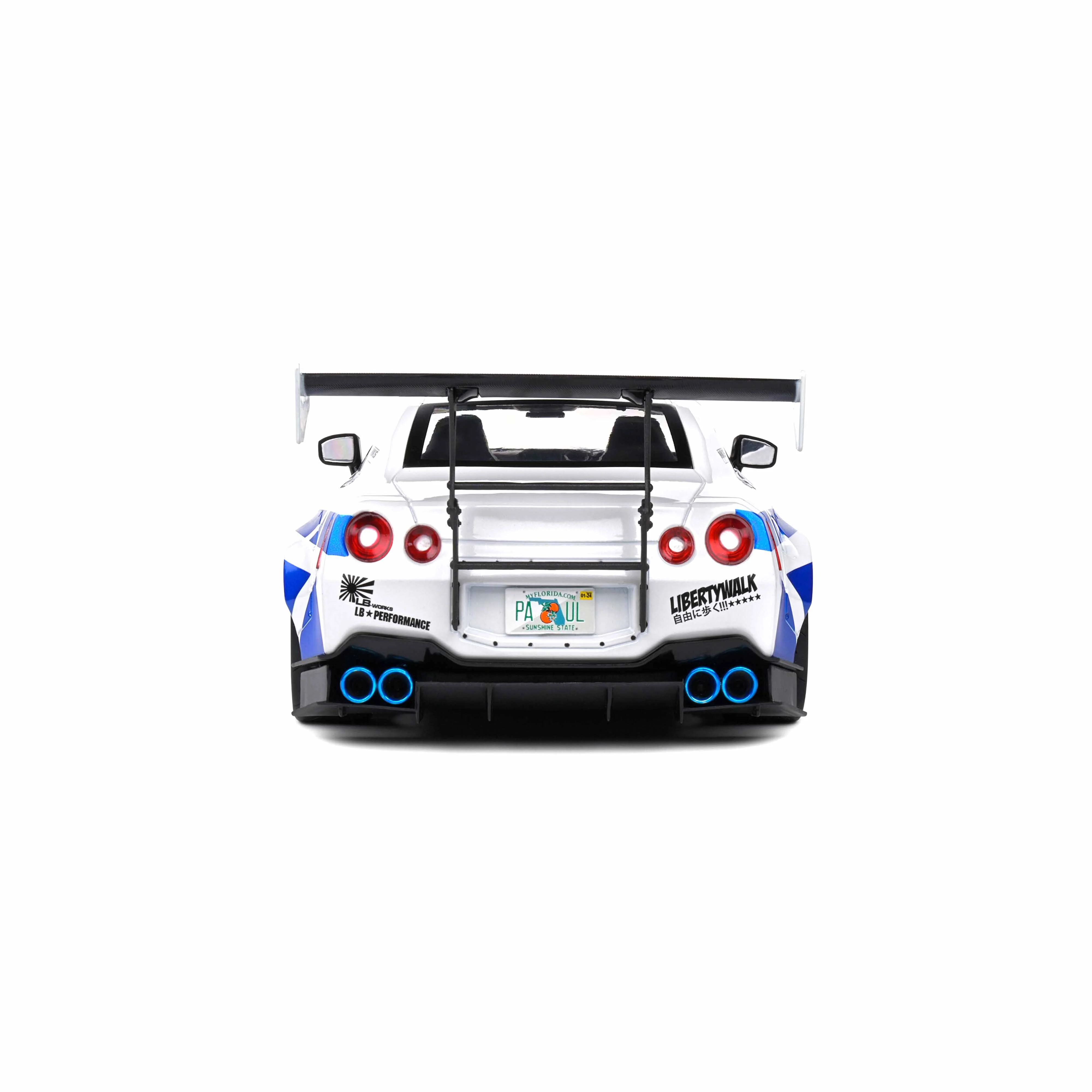 Nissan GT-R (R35) W/Liberty Walk Body Kit 2.0 Rayures Blanc/Bleu 1/18