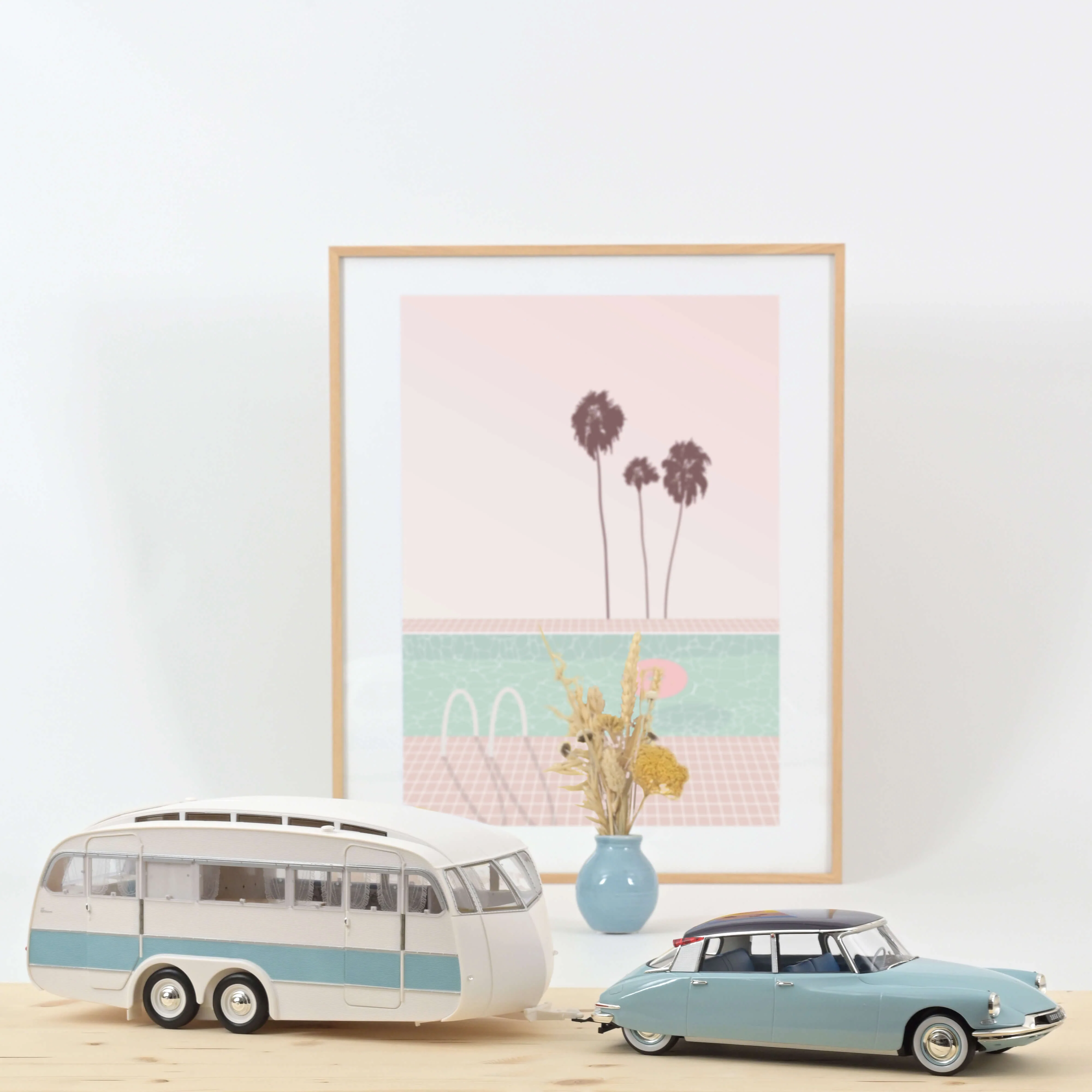 Citroën DS 19 1959 Nuage Bleu et Violet + Caravane Hénon 1/18