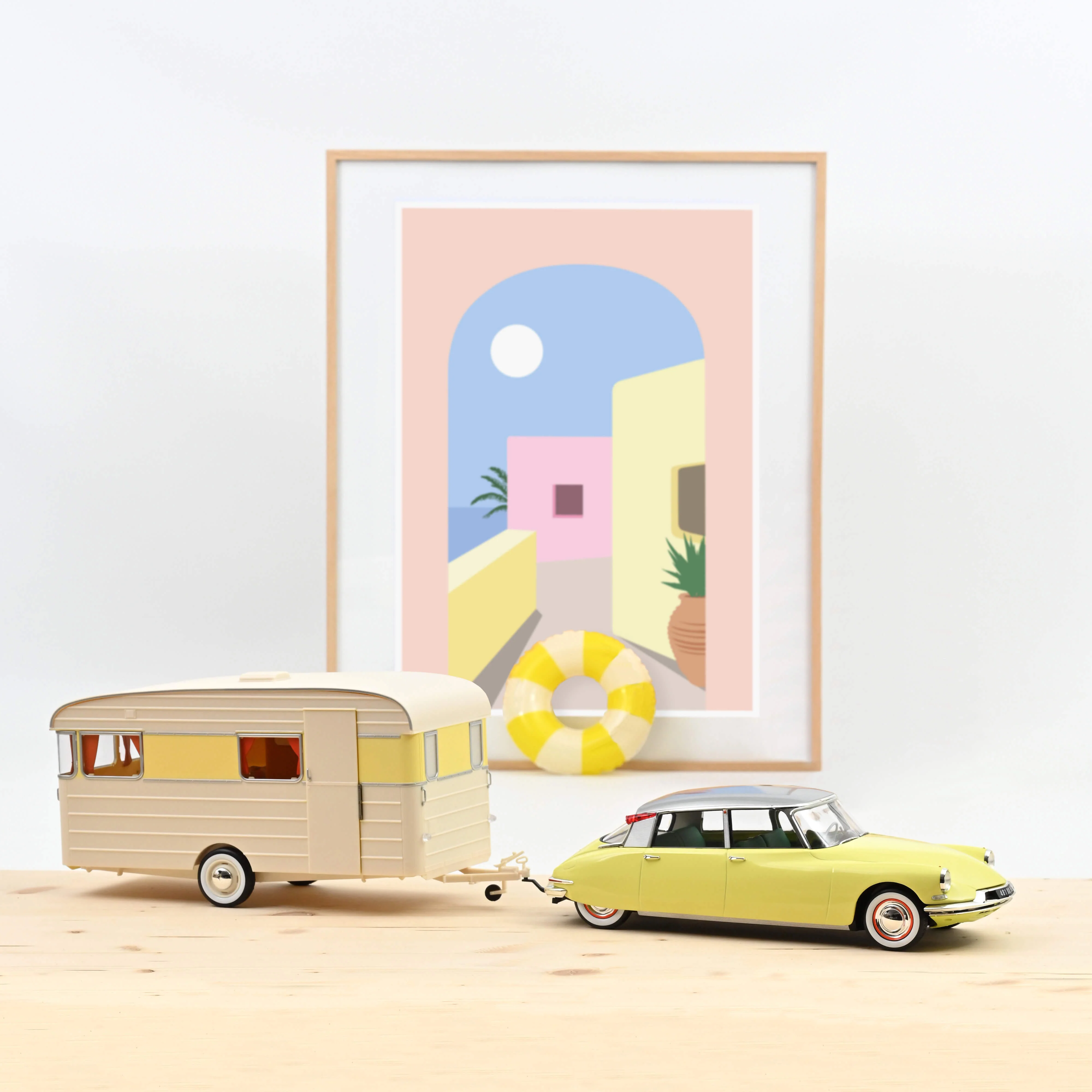 Citroën DS 19 1960 Jaune Jonquille + Caravane Digue Panoramique 1/18