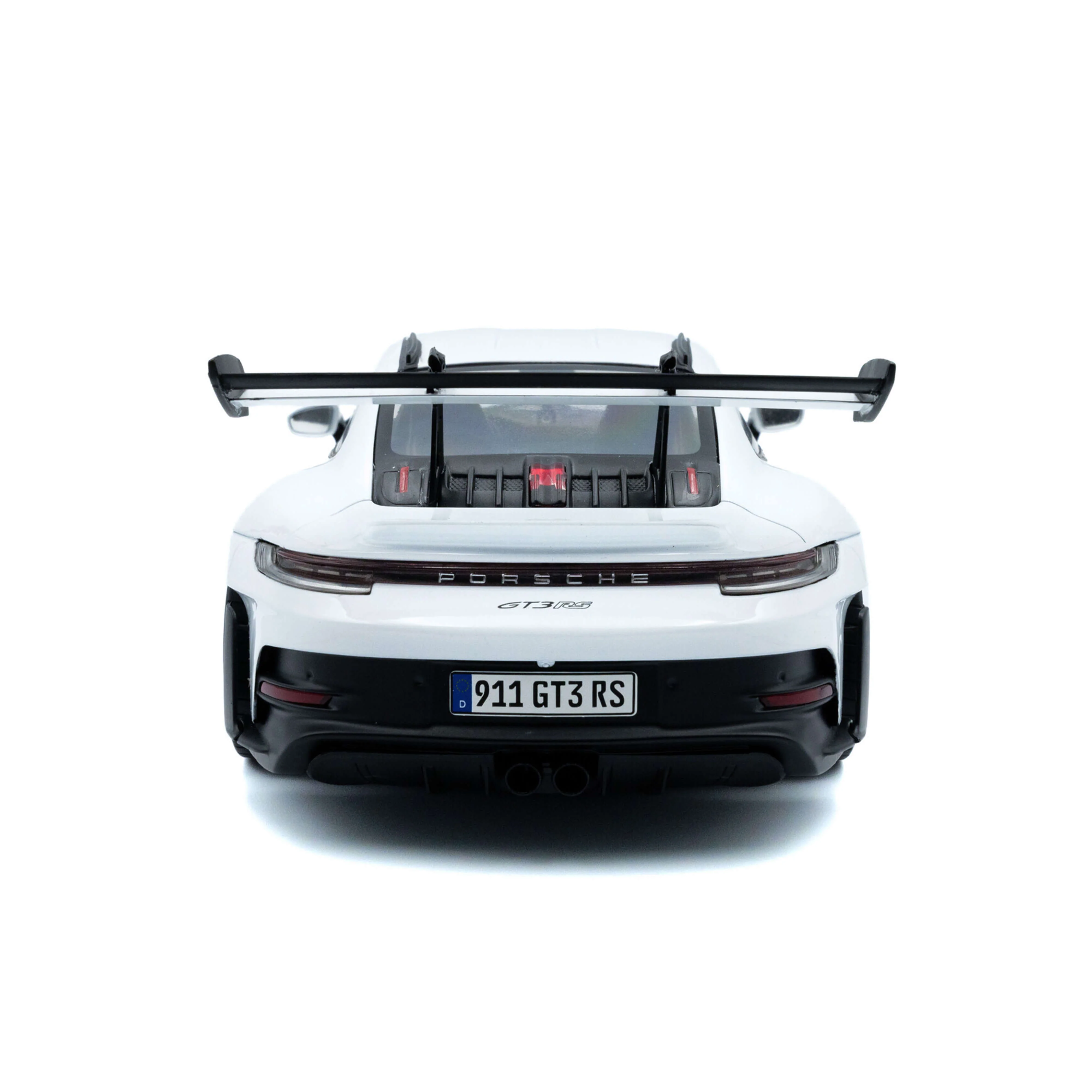 Porsche 911 GT3RS 2024 blanche avec des bandes bleues 1/18