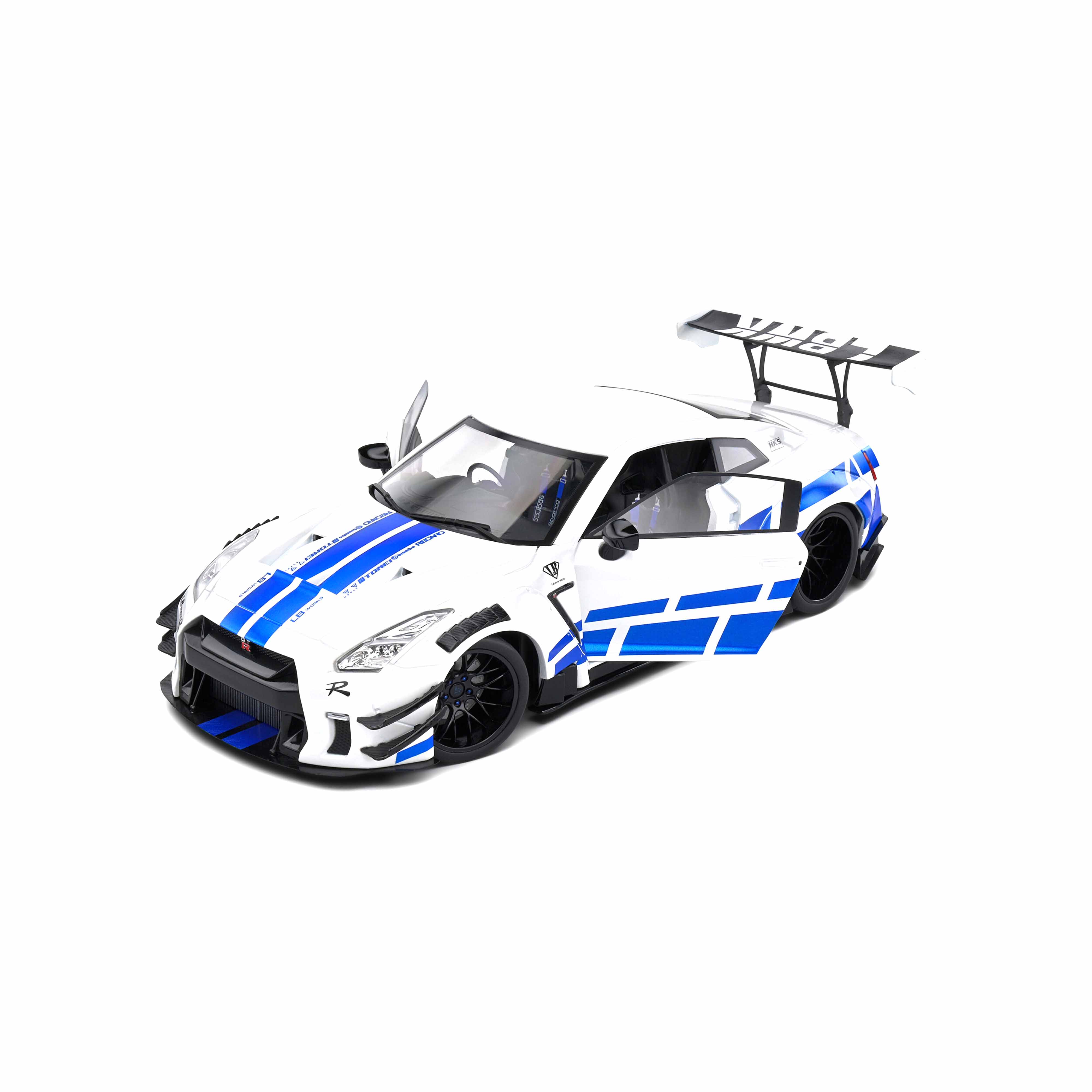 Nissan GT-R (R35) W/Liberty Walk Body Kit 2.0 Rayures Blanc/Bleu 1/18
