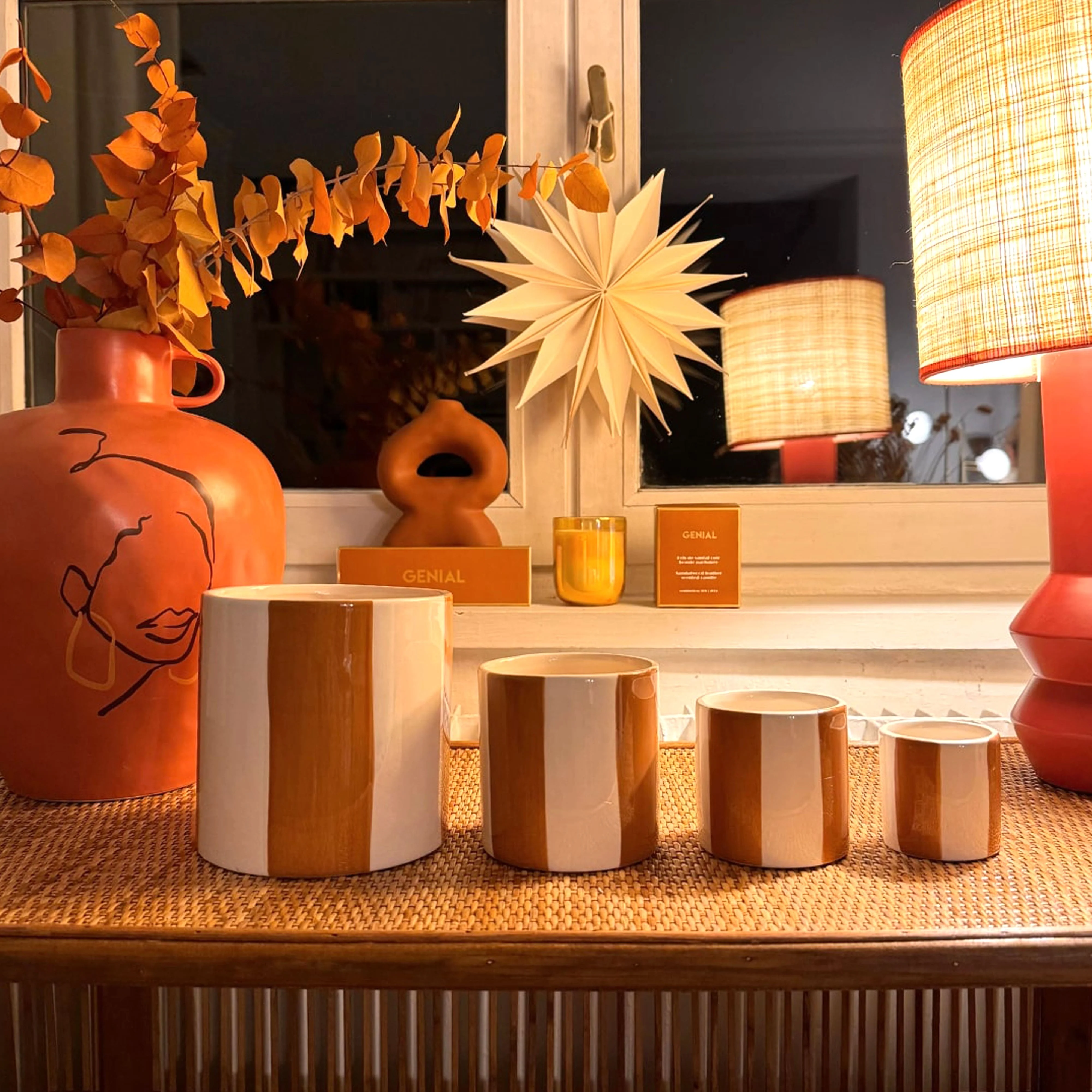 Lot de 4 pots rayés marron