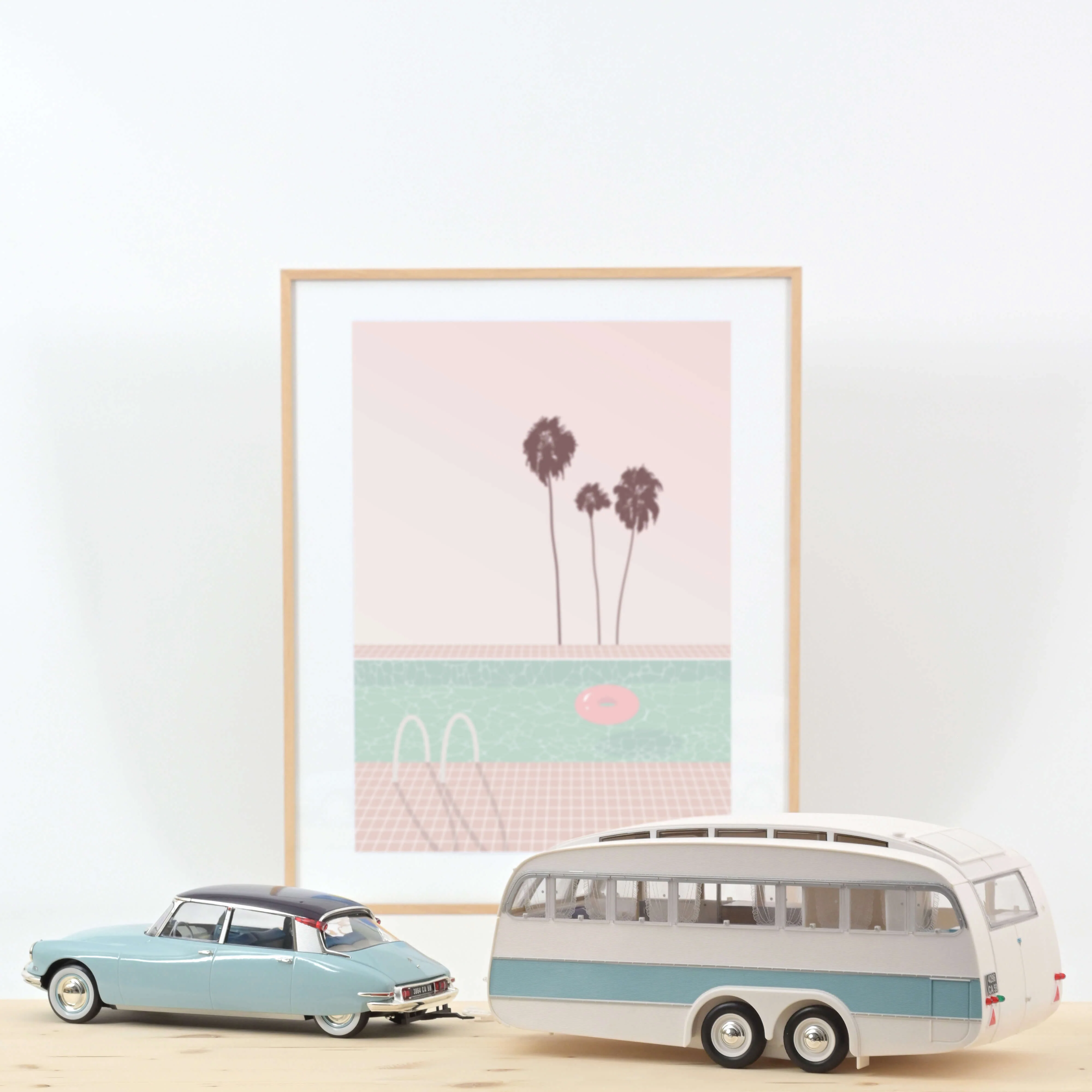 Citroën DS 19 1959 Nuage Bleu et Violet + Caravane Hénon 1/18