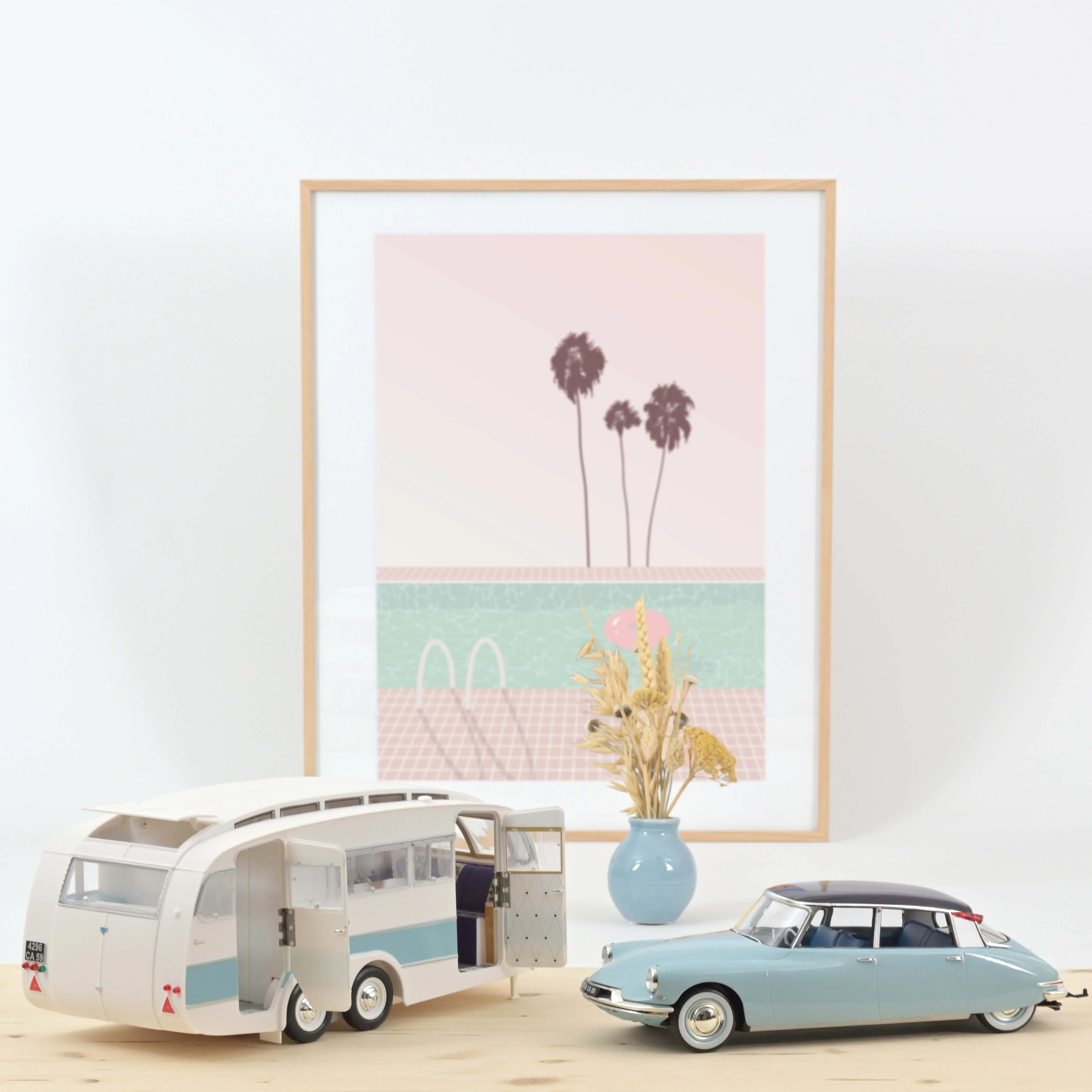 Citroën DS 19 1959 Nuage Bleu et Violet + Caravane Hénon 1/18