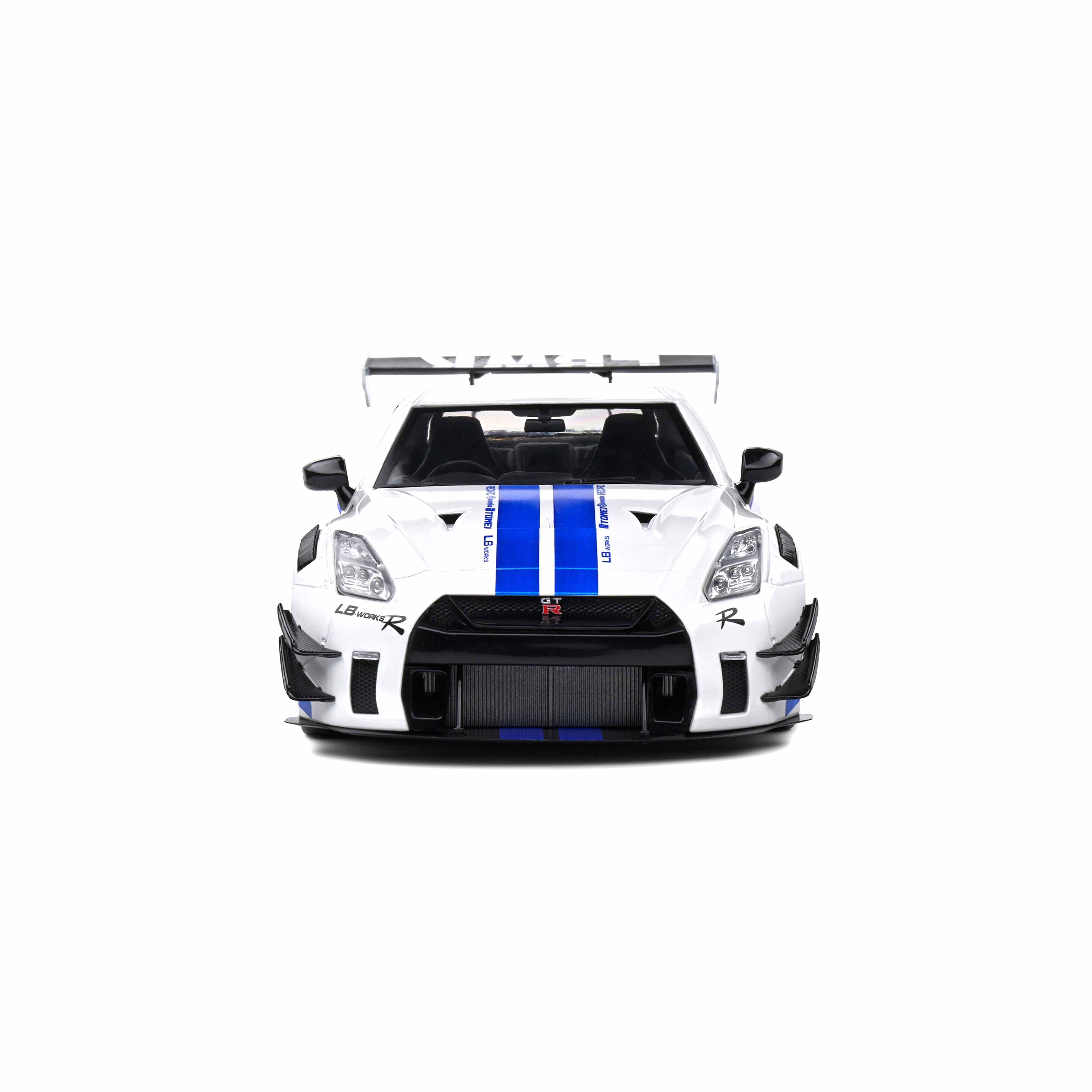 Nissan GT-R (R35) W/Liberty Walk Body Kit 2.0 Rayures Blanc/Bleu 1/18
