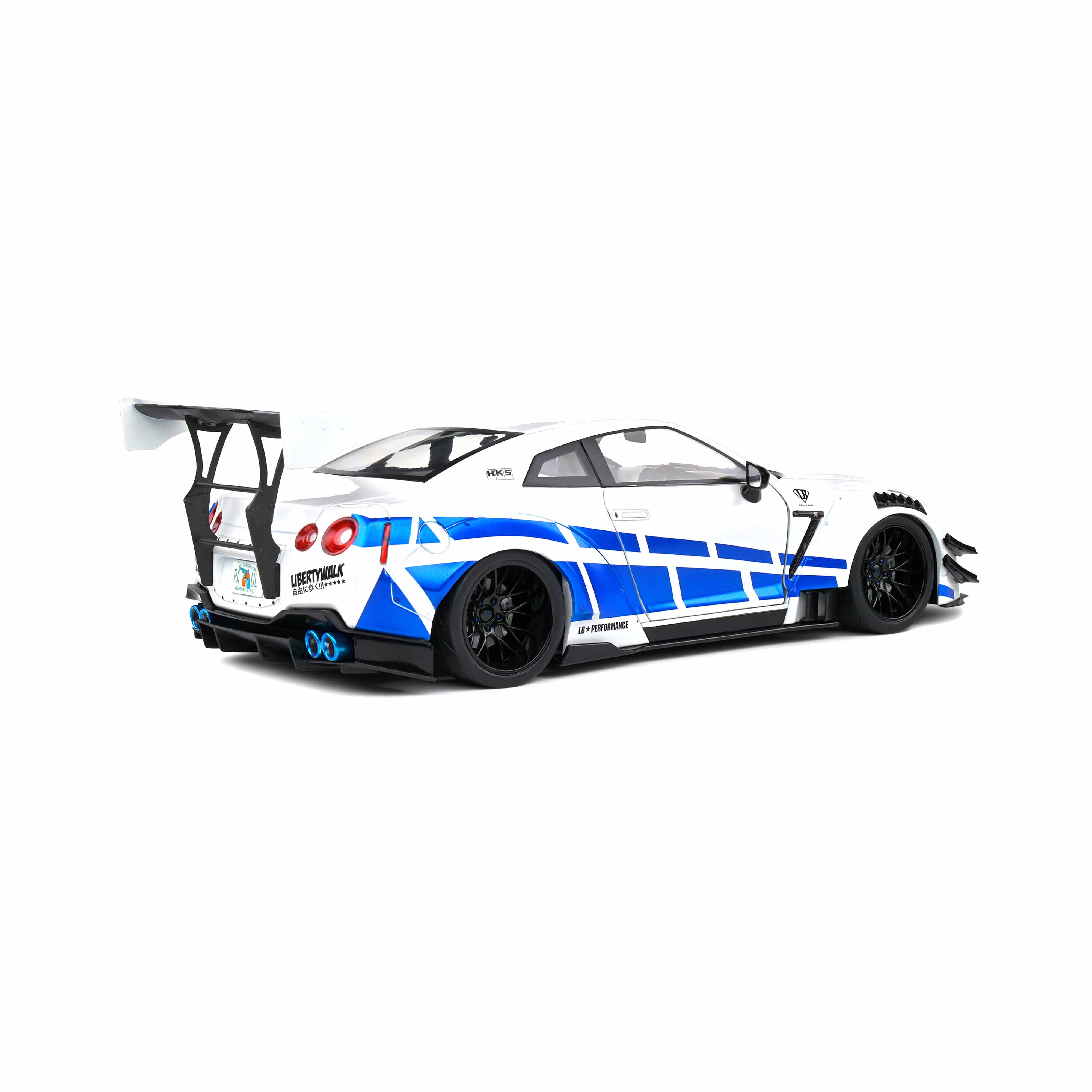 Nissan GT-R (R35) W/Liberty Walk Body Kit 2.0 Rayures Blanc/Bleu 1/18