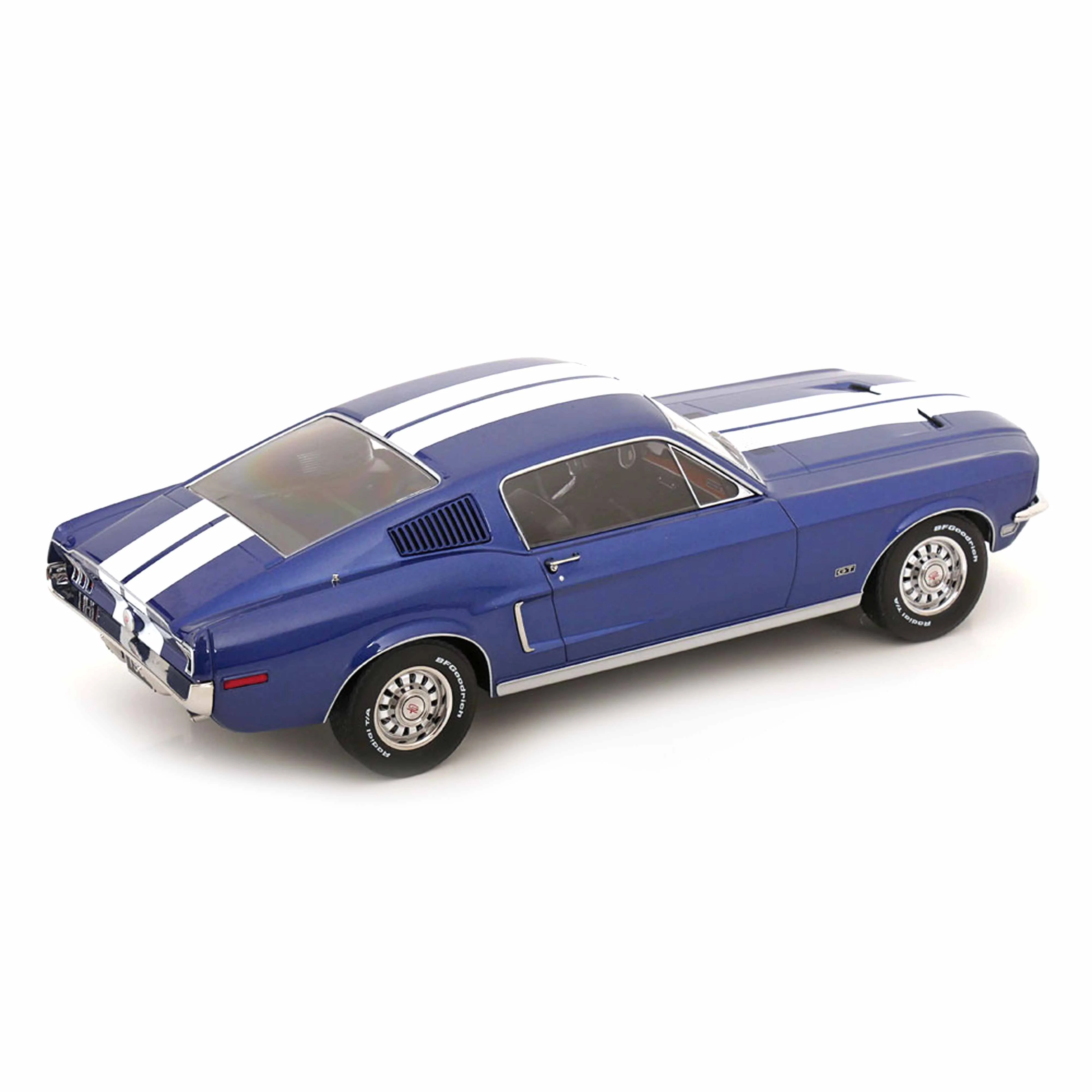 Ford Mustang Fastback 1968 Bleu métallisé et bandes blanches 1/18