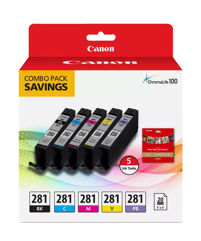 CLI-281 Combo Ink Pack with Glossy Photo Paper (20 Sheets, 5 in. x 5 in.)
