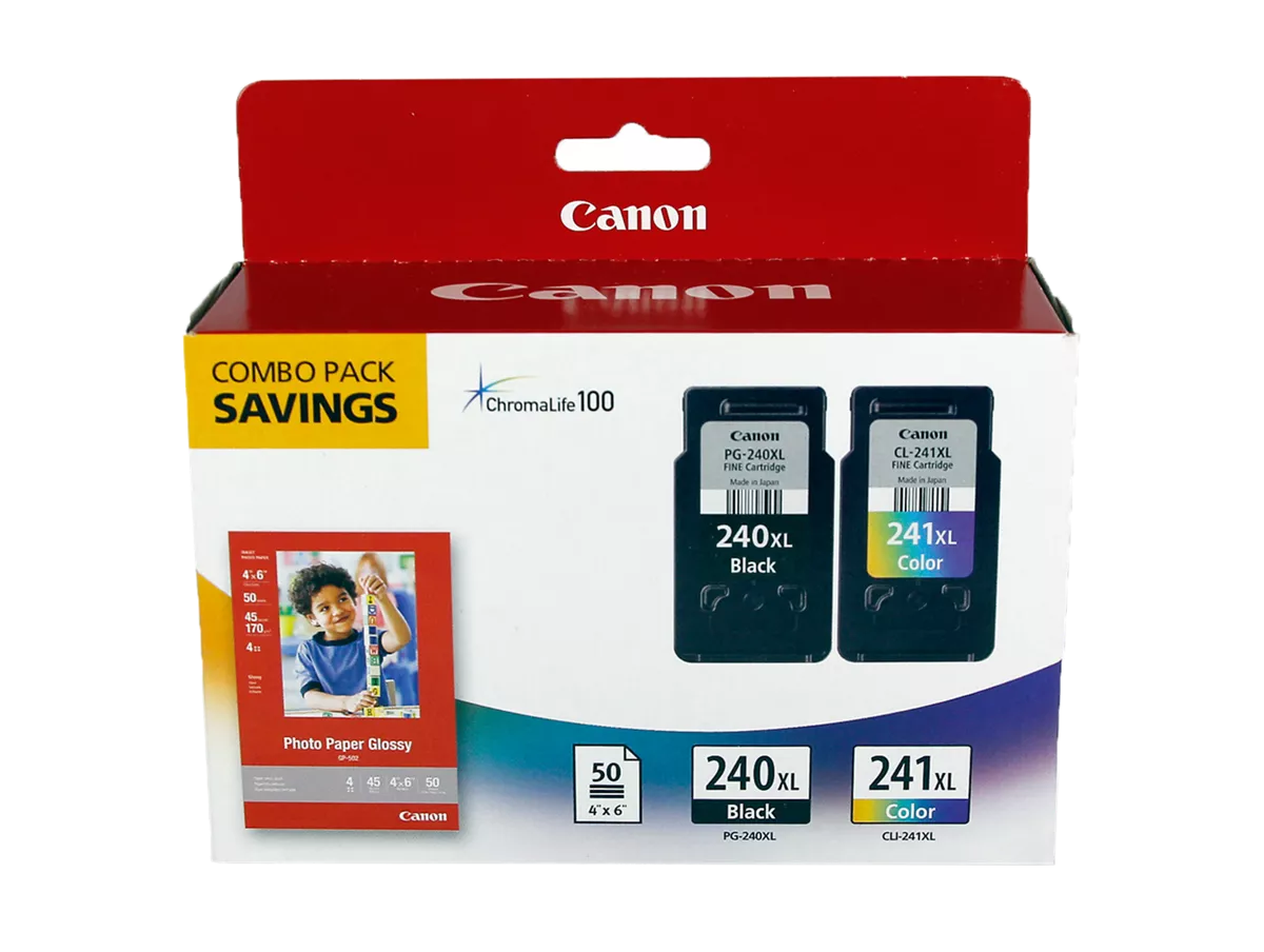 PG-240/CL-241 XL Combo Ink Pack with Photo Paper Glossy (50 Sheets 4x6)