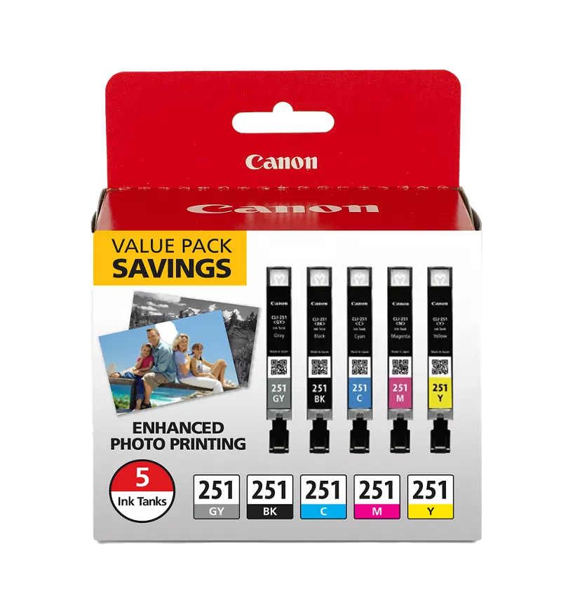 CLI-251 Gray, Black, Cyan, Magenta & Yellow 5 Ink Pack