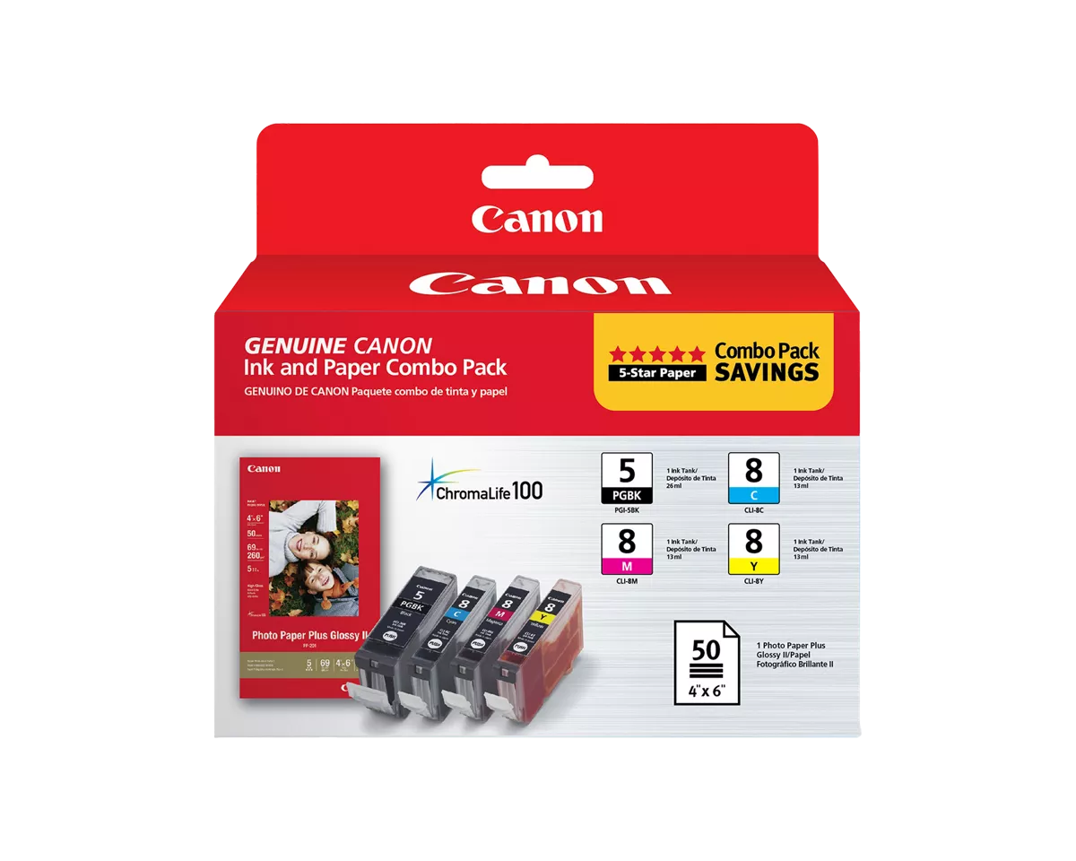 PGI-5/CLI-8 Black, Cyan, Magenta & Yellow 4 Ink Combo Pack with Photo Paper Glossy (50 Sheets, 4x6)