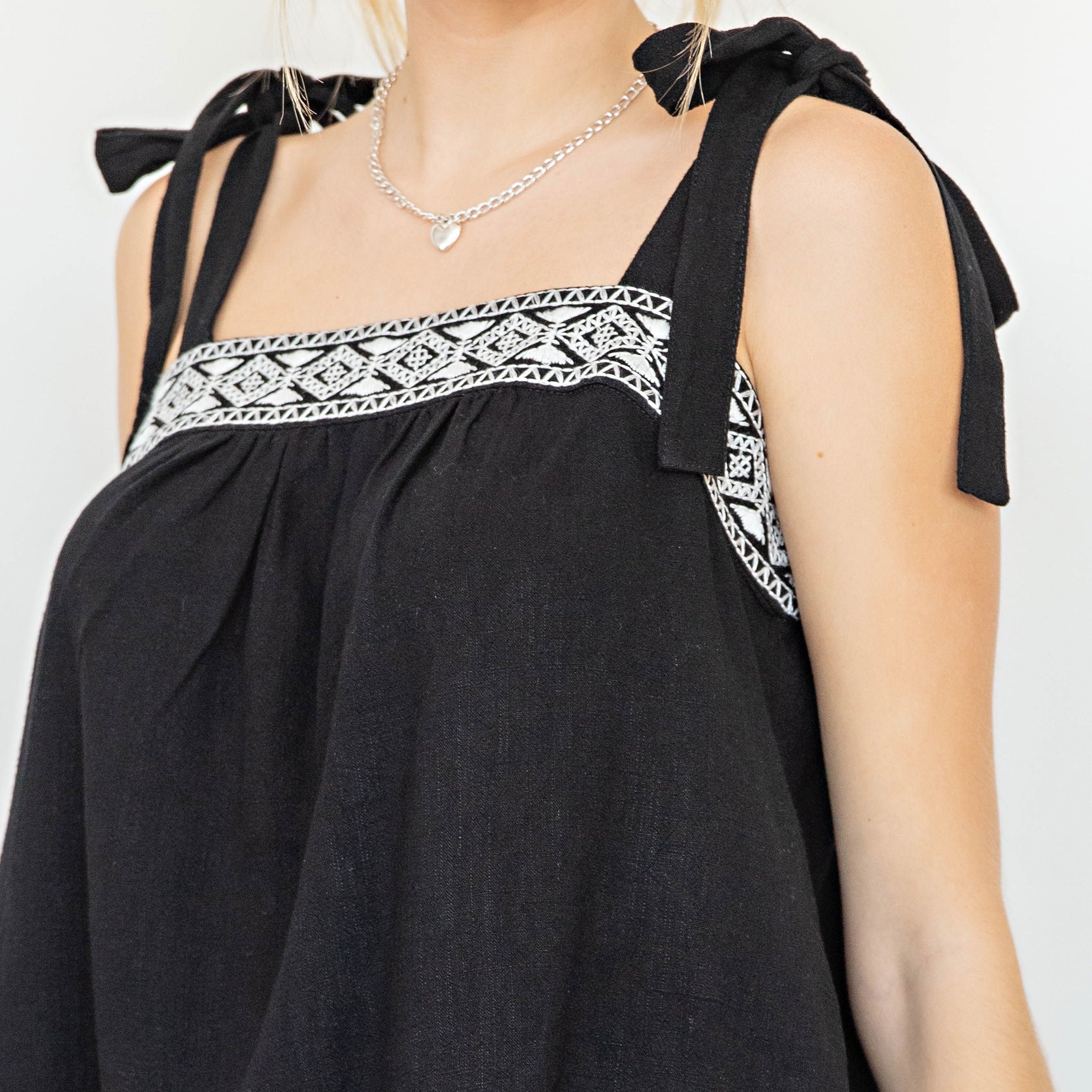 Embroidered Tank Top with Tie Straps