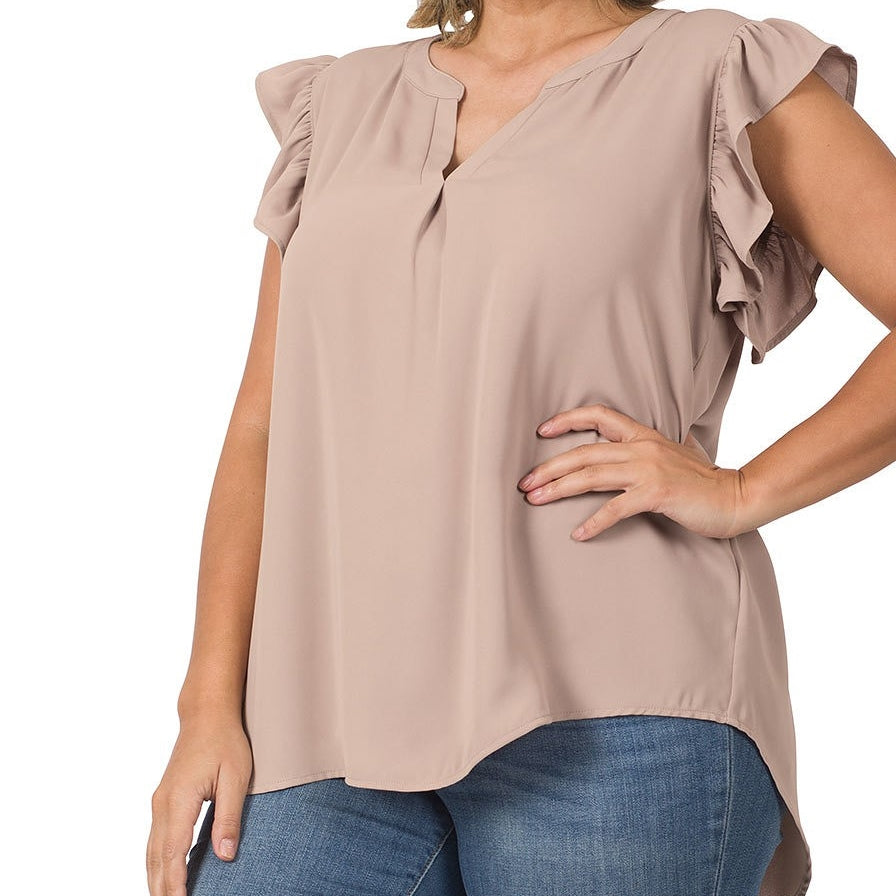 Ruffle Sleeve Top in Lt Mocha PLUS
